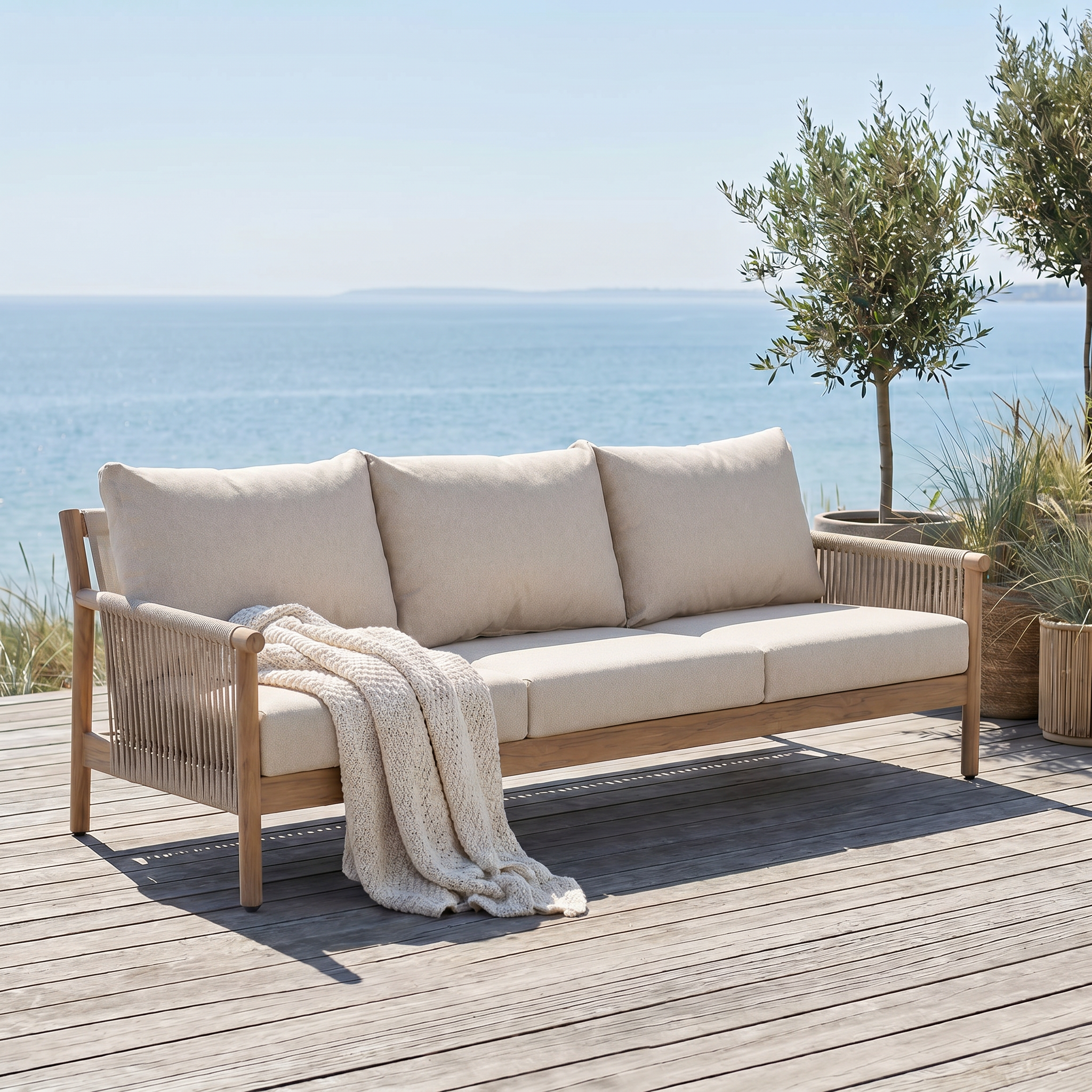 Arlo 3-Seat Aluminum Outdoor Sofa with Rope Design, Wood-Look, Light Beige