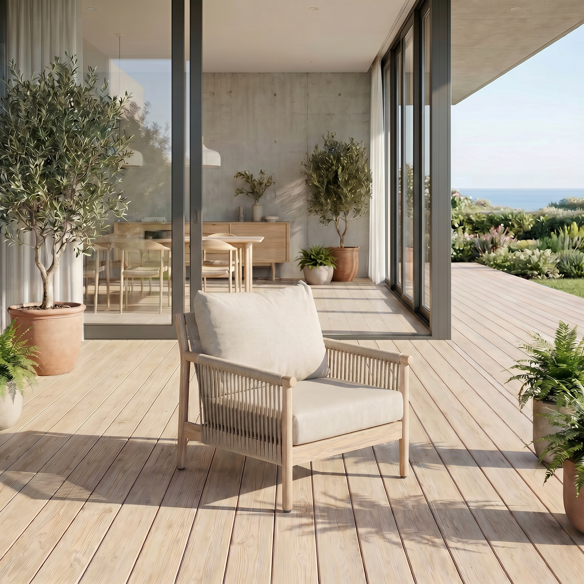 Arlo Aluminum Outdoor Lounge Chair with Rope Design, Wood-Look, Light Beige Cushions