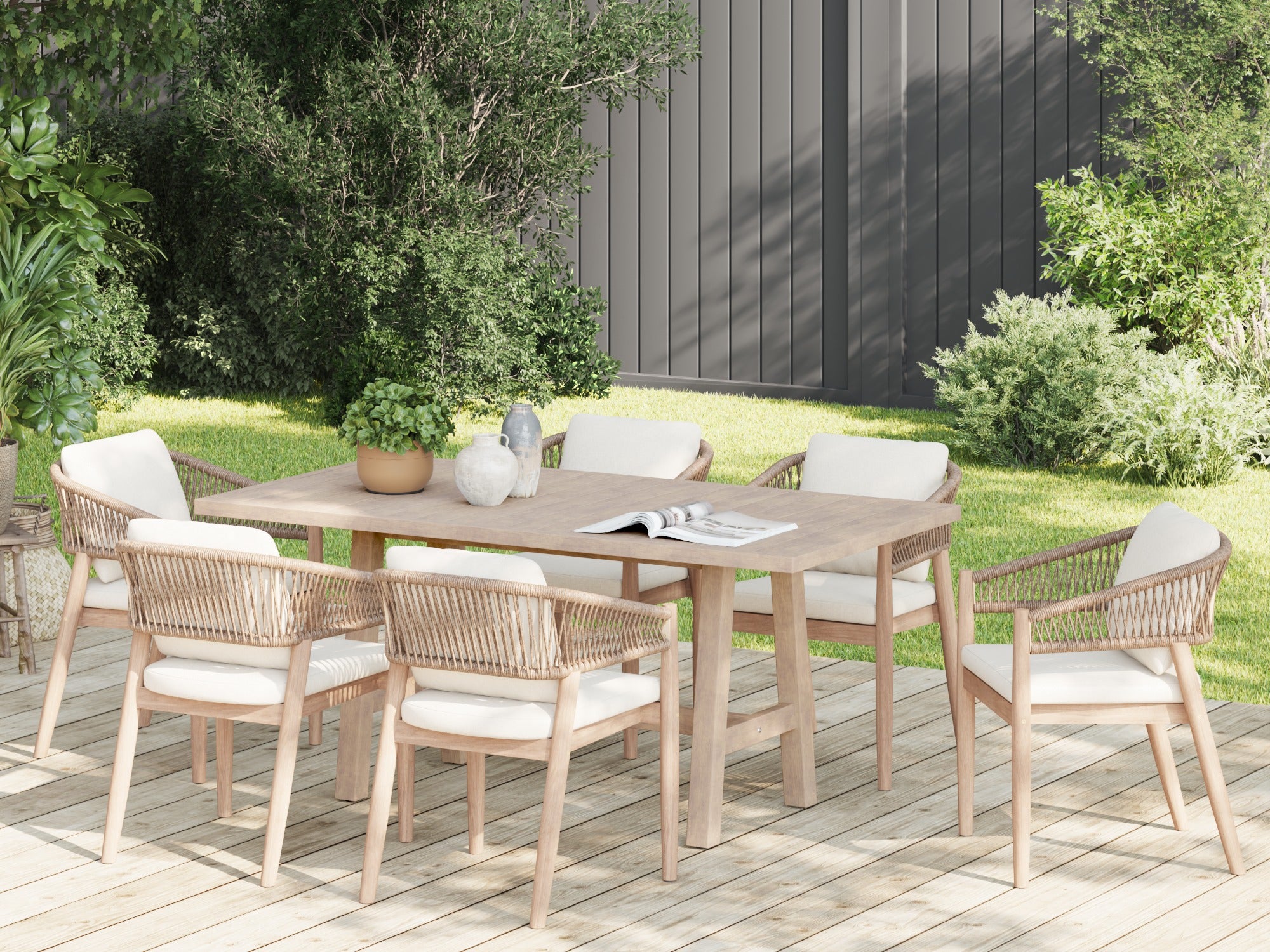 Lira Wooden Outdoor Dining Set with Rope Design, 6 Seats 67'' Table