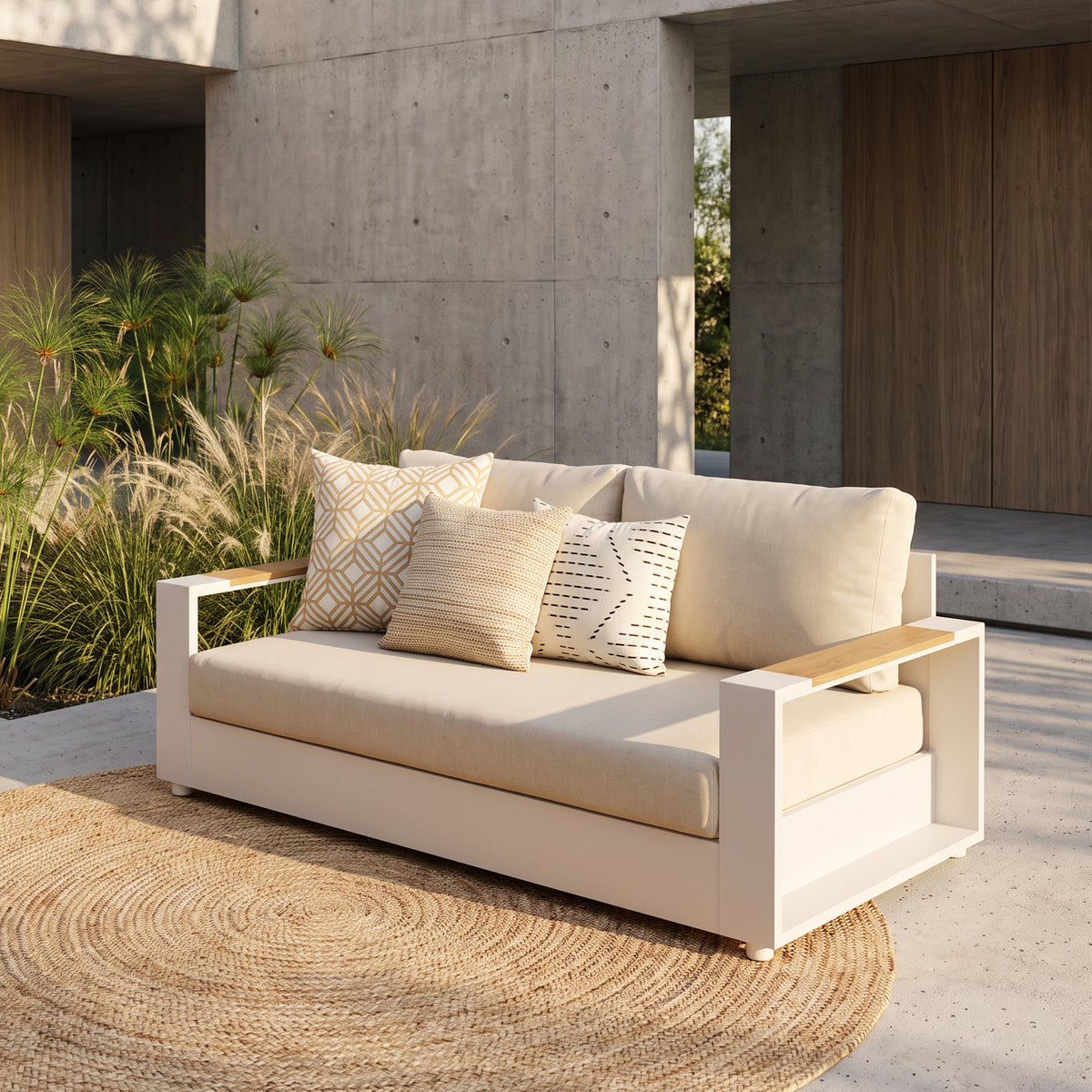 Addison Oyster White Aluminum Outdoor Loveseat, Olefin Linen Cushions