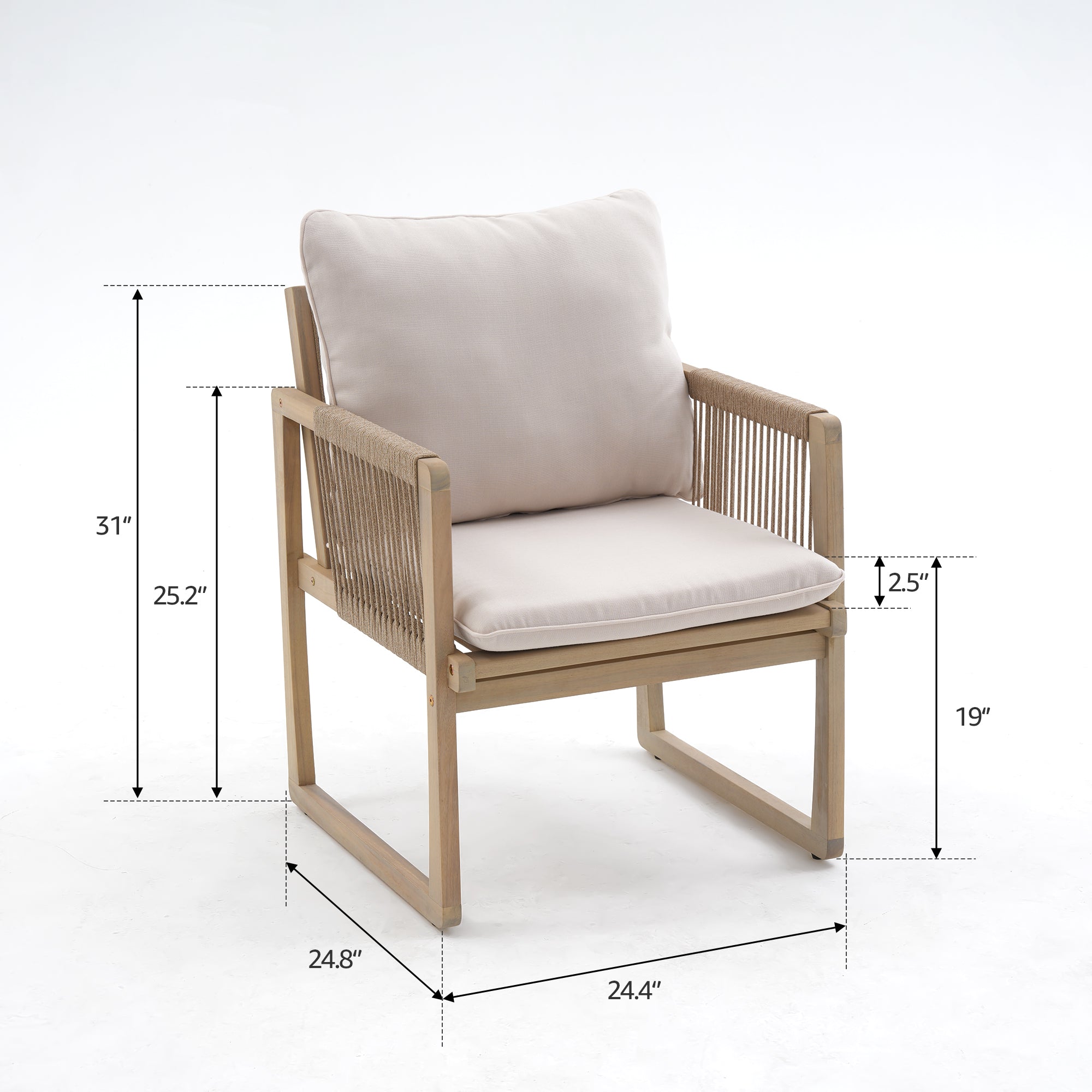 Lumi Wooden Outdoor Dining Chair with White Cushion, Rope Design, Set of 2/4/6