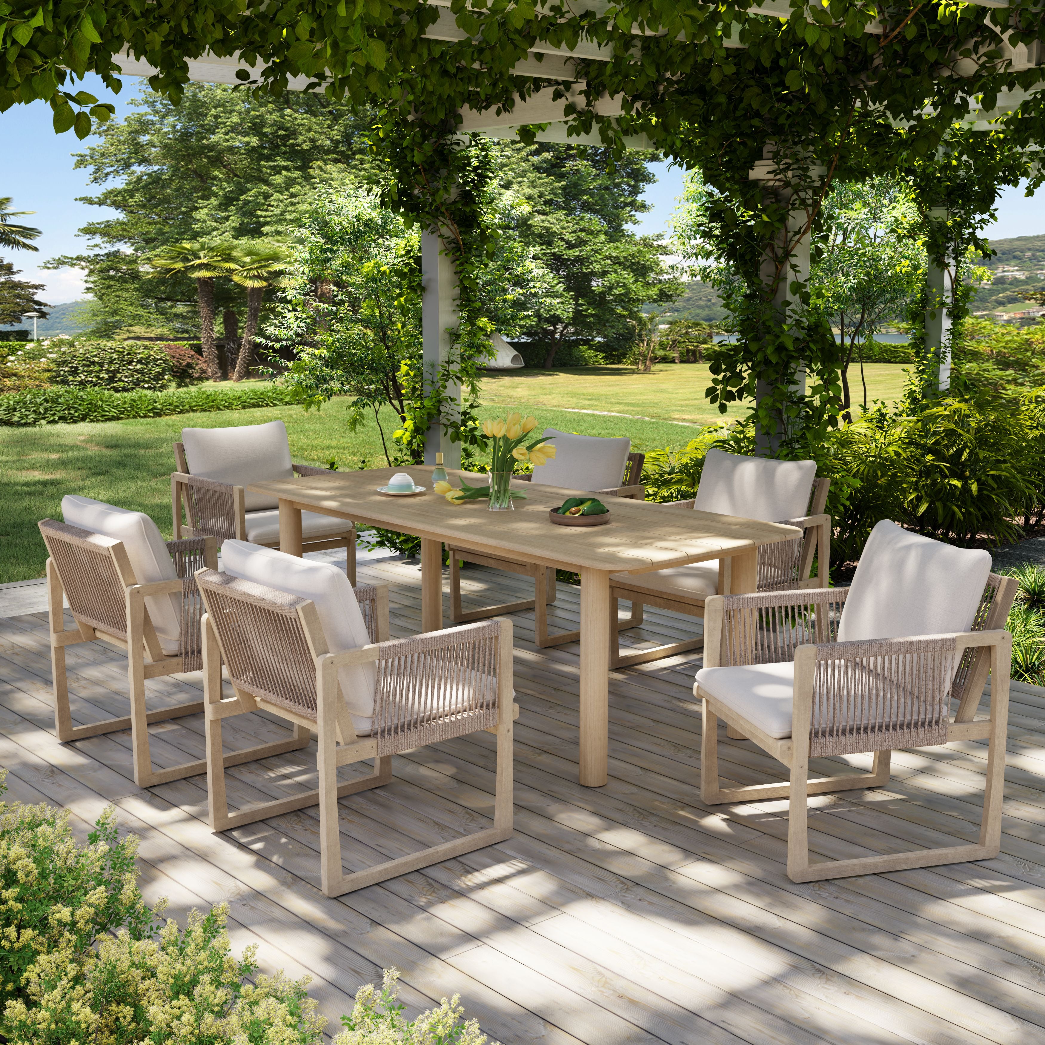 Lumi Outdoor Wooden Dining Set with Rope Design Chairs, 6-8 Seats, 86.6" Slatted Table with Rounded Edges