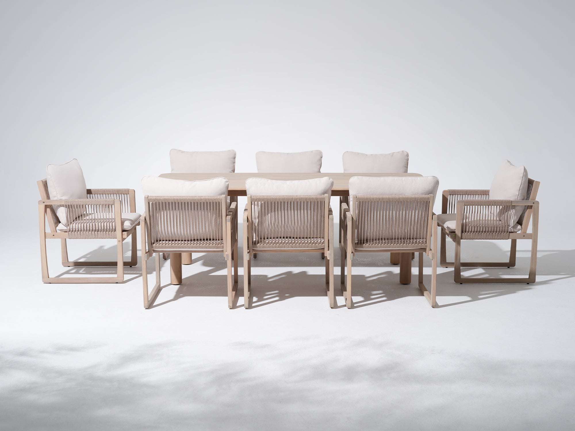 Lumi Outdoor Wooden Dining Set with Rope Design Chairs, 6-8 Seats, 86.6" Slatted Table with Rounded Edges