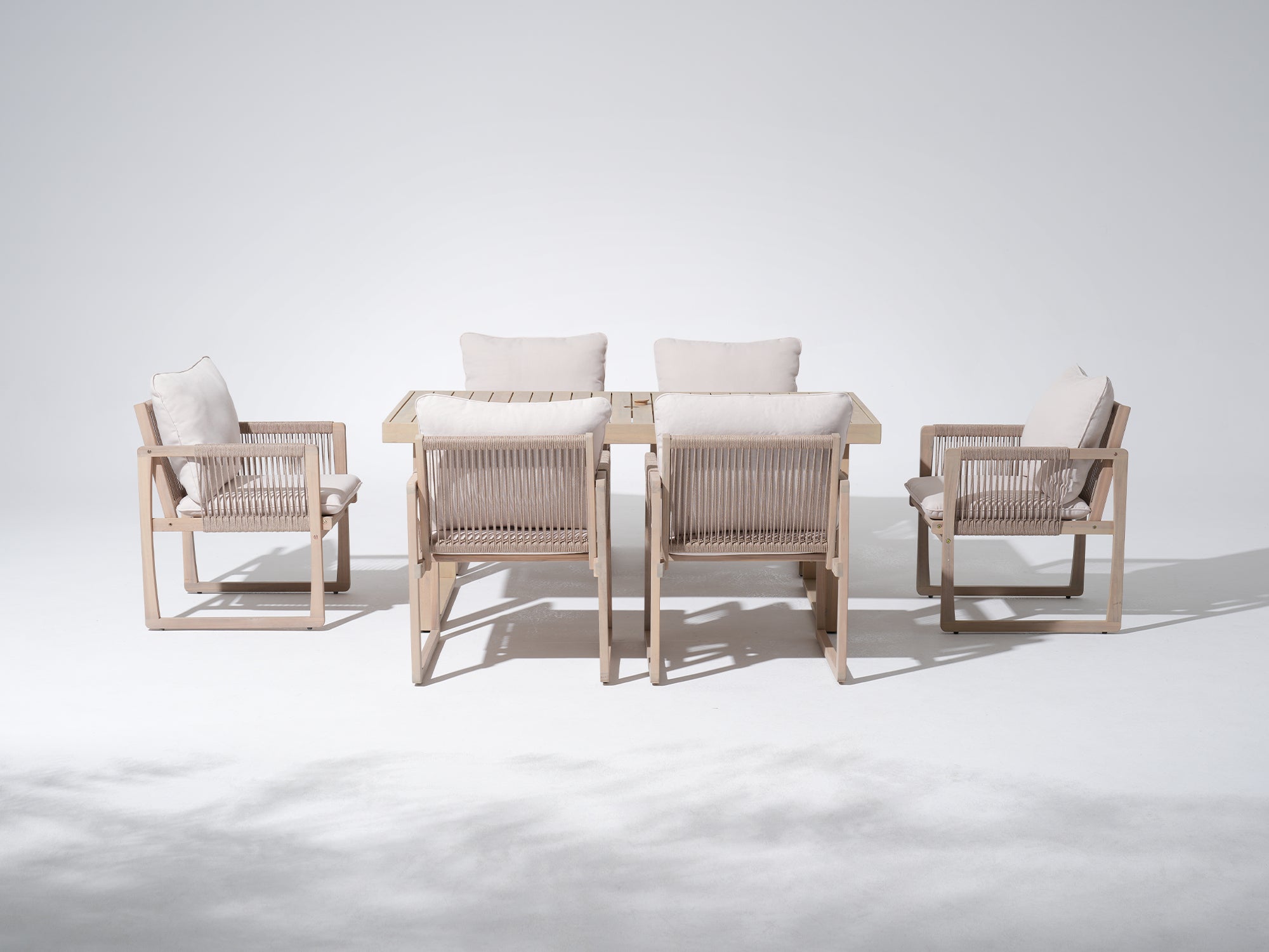 Lumi Outdoor Wooden Dining Set with Rope Chairs & Bench, Umbrella Hole for 4-6 People, 67" Sled-Leg