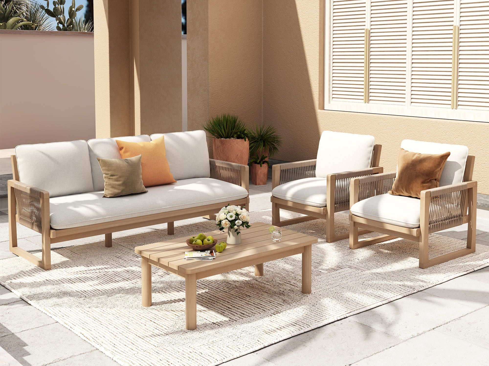 Lumi Outdoor Conversation Set with Rope Design, Wood & Cushion