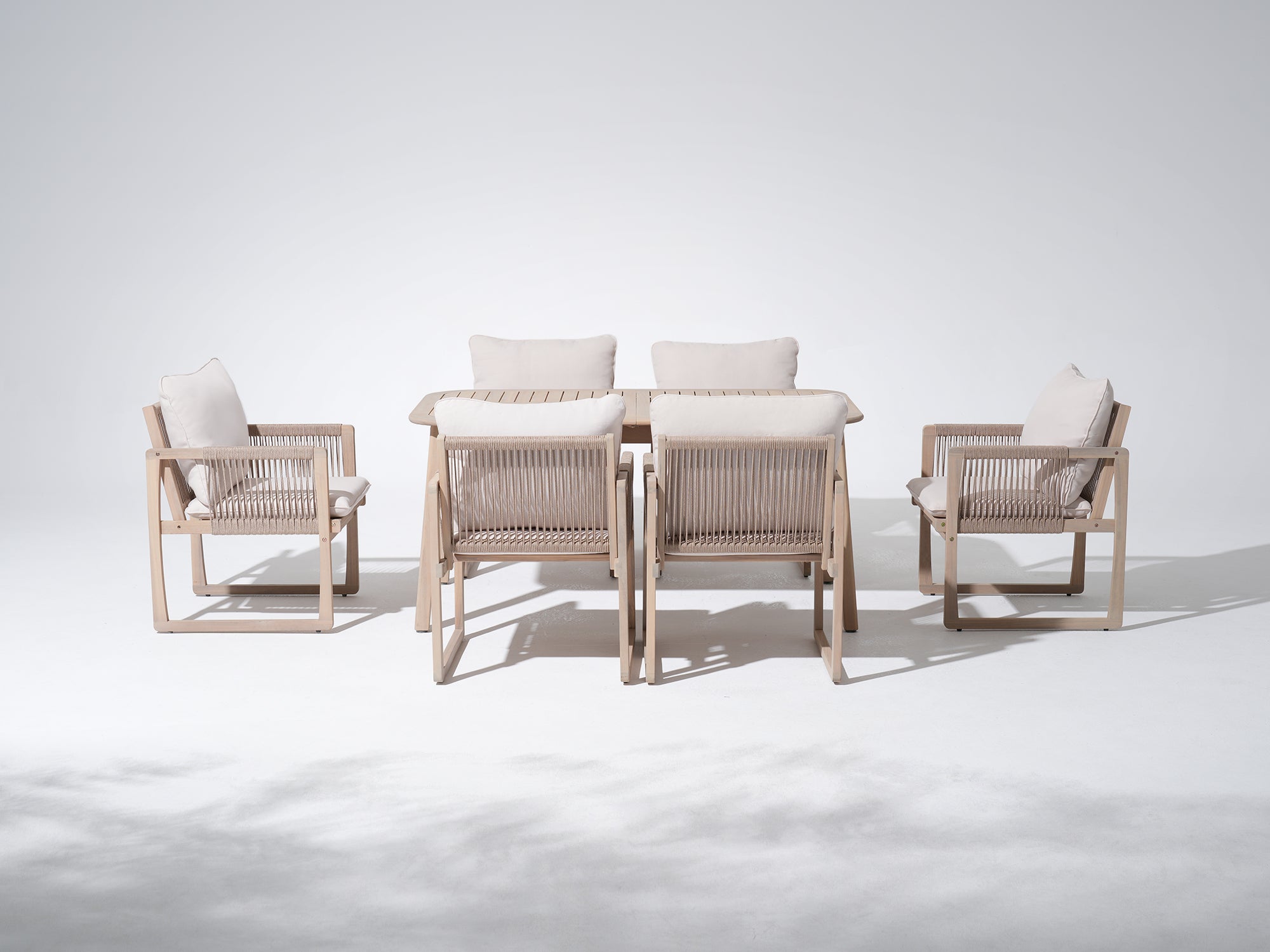 Outdoor Wooden Dining Set with Rope Design Chairs & Umbrella Hole for 4-6 People, 63" Tapered Legs