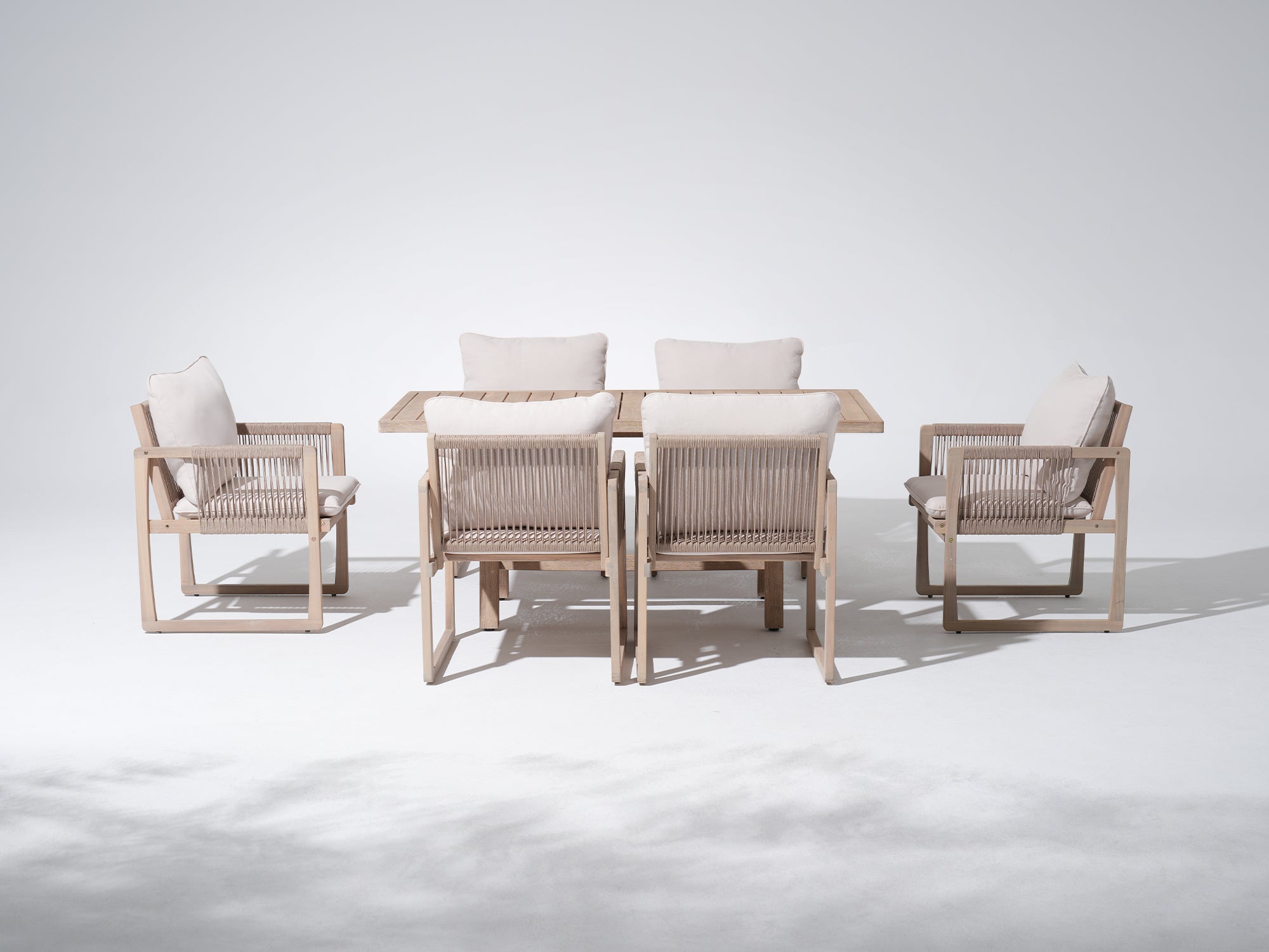 Lumi Wooden Outdoor Dining Set with White Cushion for 6 People, Rope Design, 67" Table