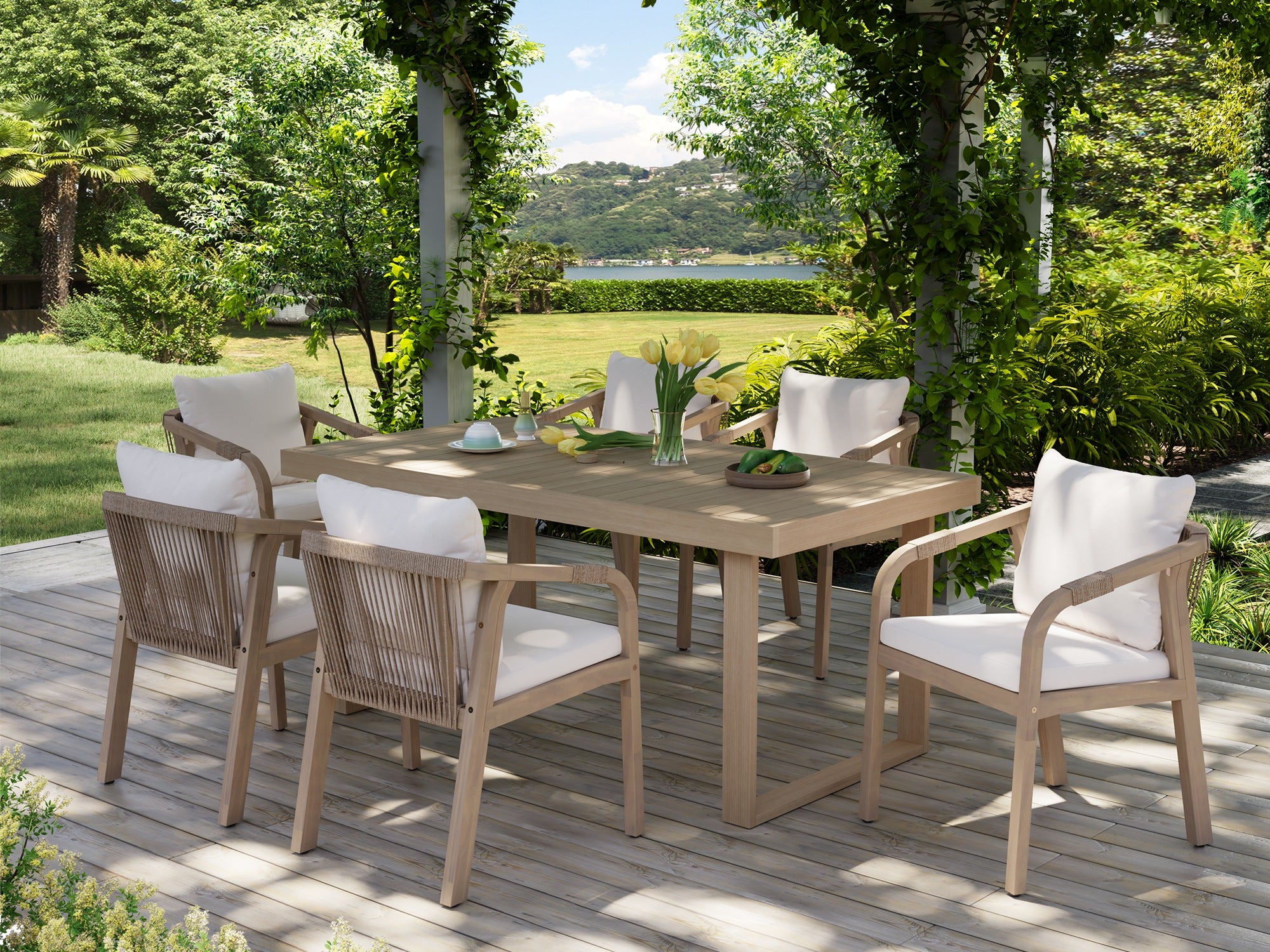 Lumi 67‘’ Wooden Outdoor Dining Set with Umbrella Hole for 4-6 People, Bench Option, Sled-Leg Design