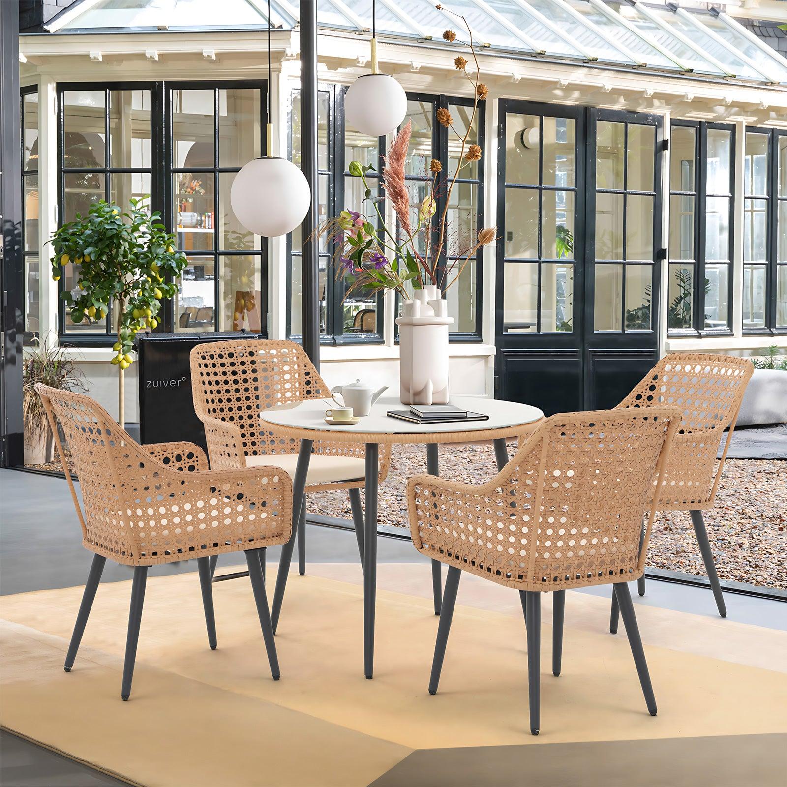 modern natural round outdoor dining sets for 4 people, 1 table with umbrella hole and 4 wicker chairs