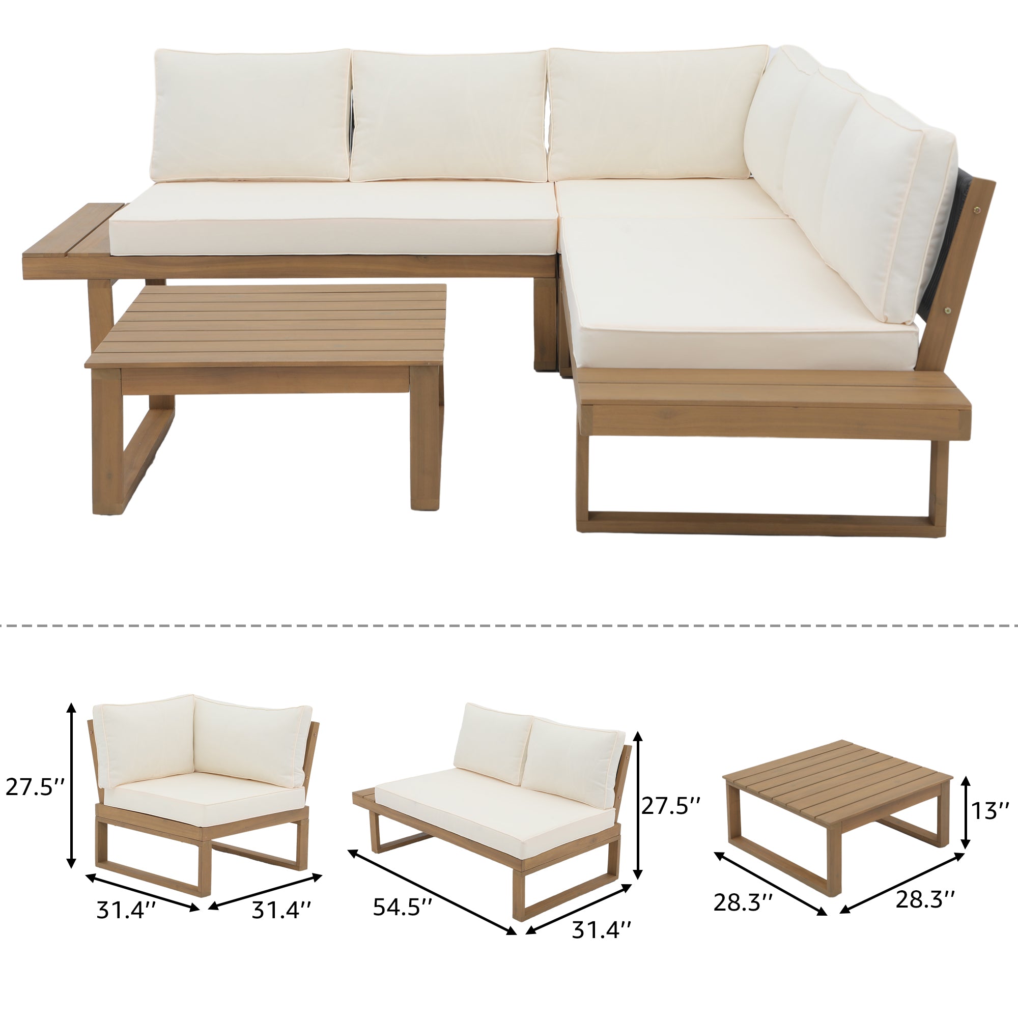 Foristern Outdoor L-Shaped Sofa Set, Wooden Furniture, 2 Colors