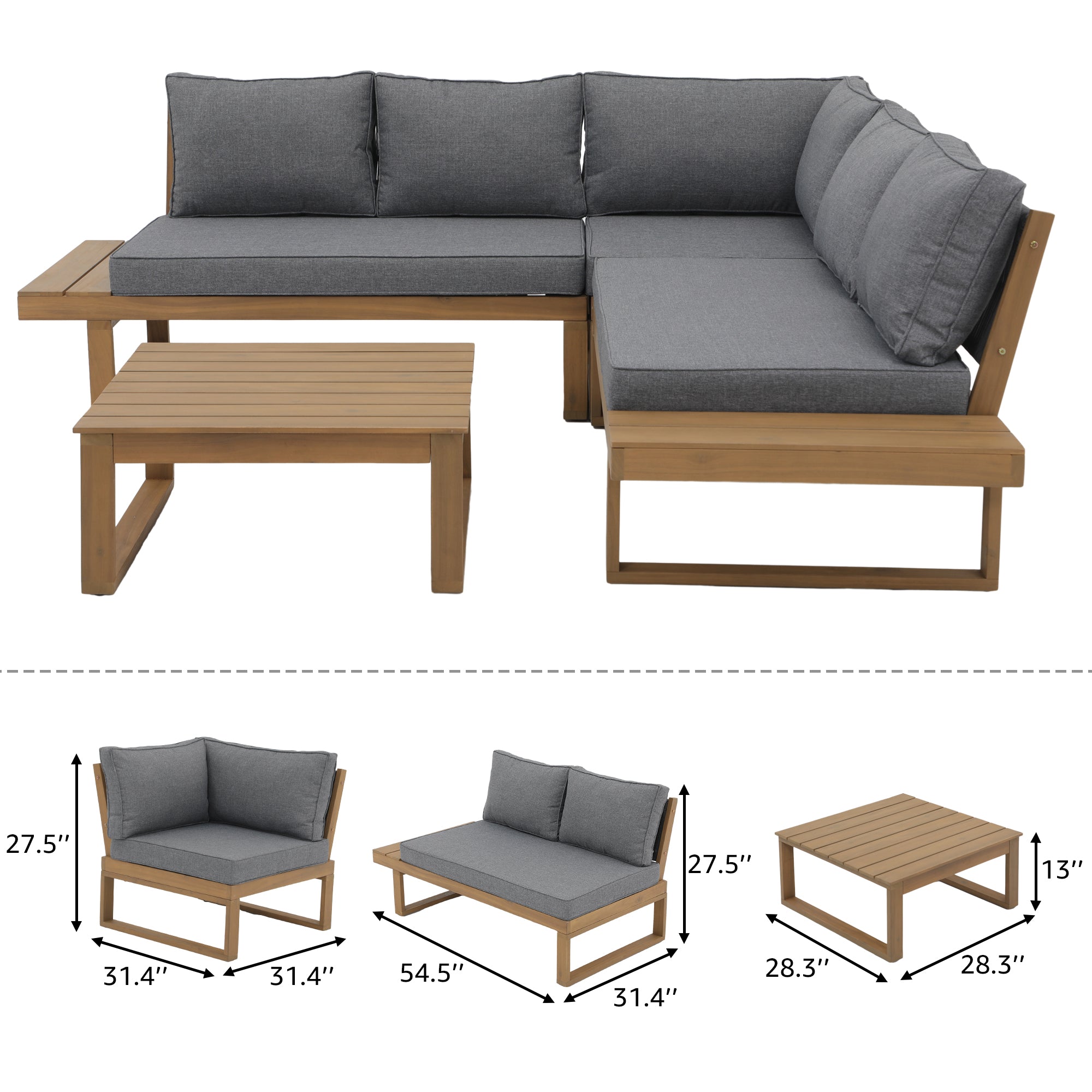 Foristern Outdoor L-Shaped Sofa Set, Wooden Furniture, 2 Colors