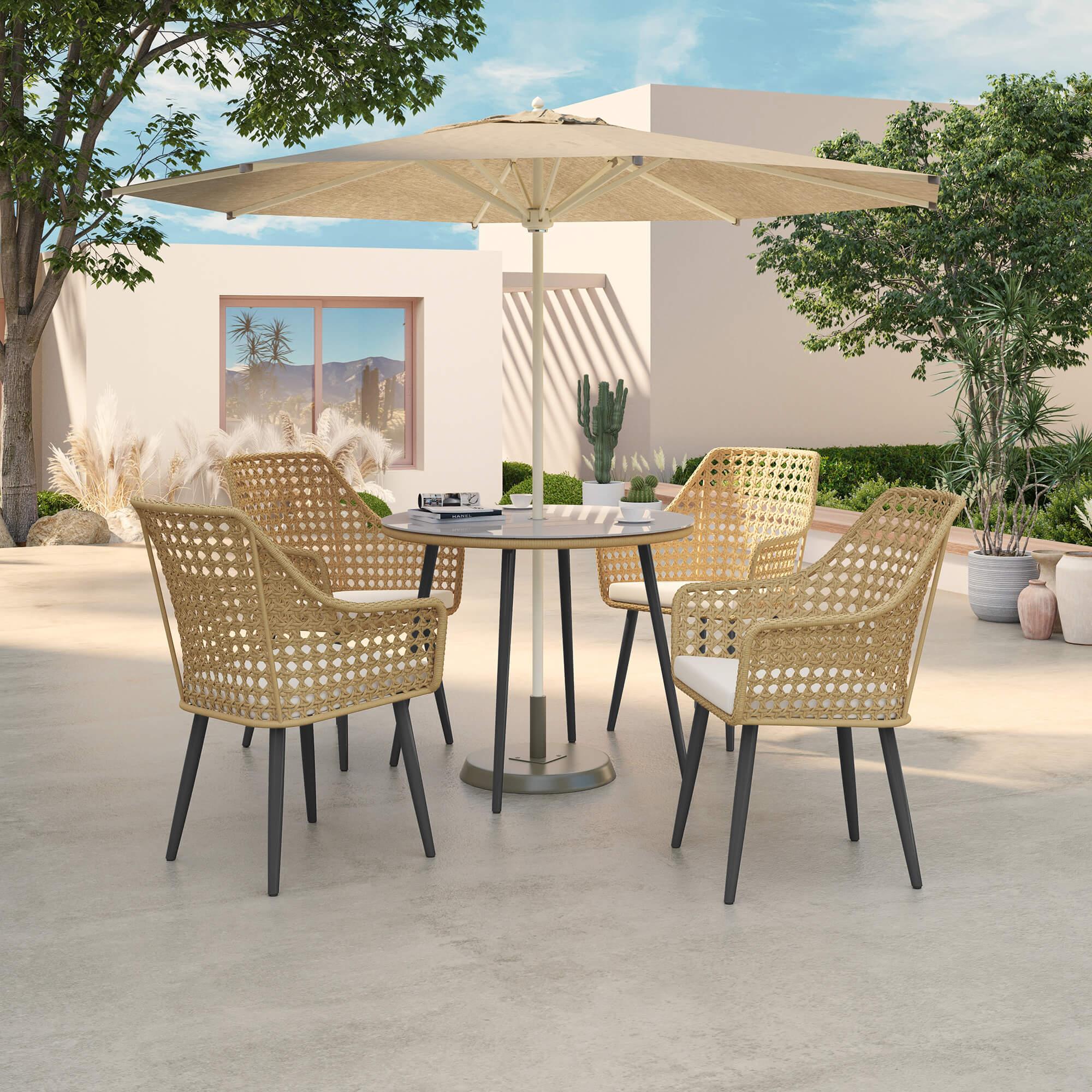 Menorca 5-Piece Wicker Outdoor Dining Set with aluminum frame, white cushions, Round Dining Table with Tempered Glass and umbrella hole, white umbrella, in the garden Jardina Furniture