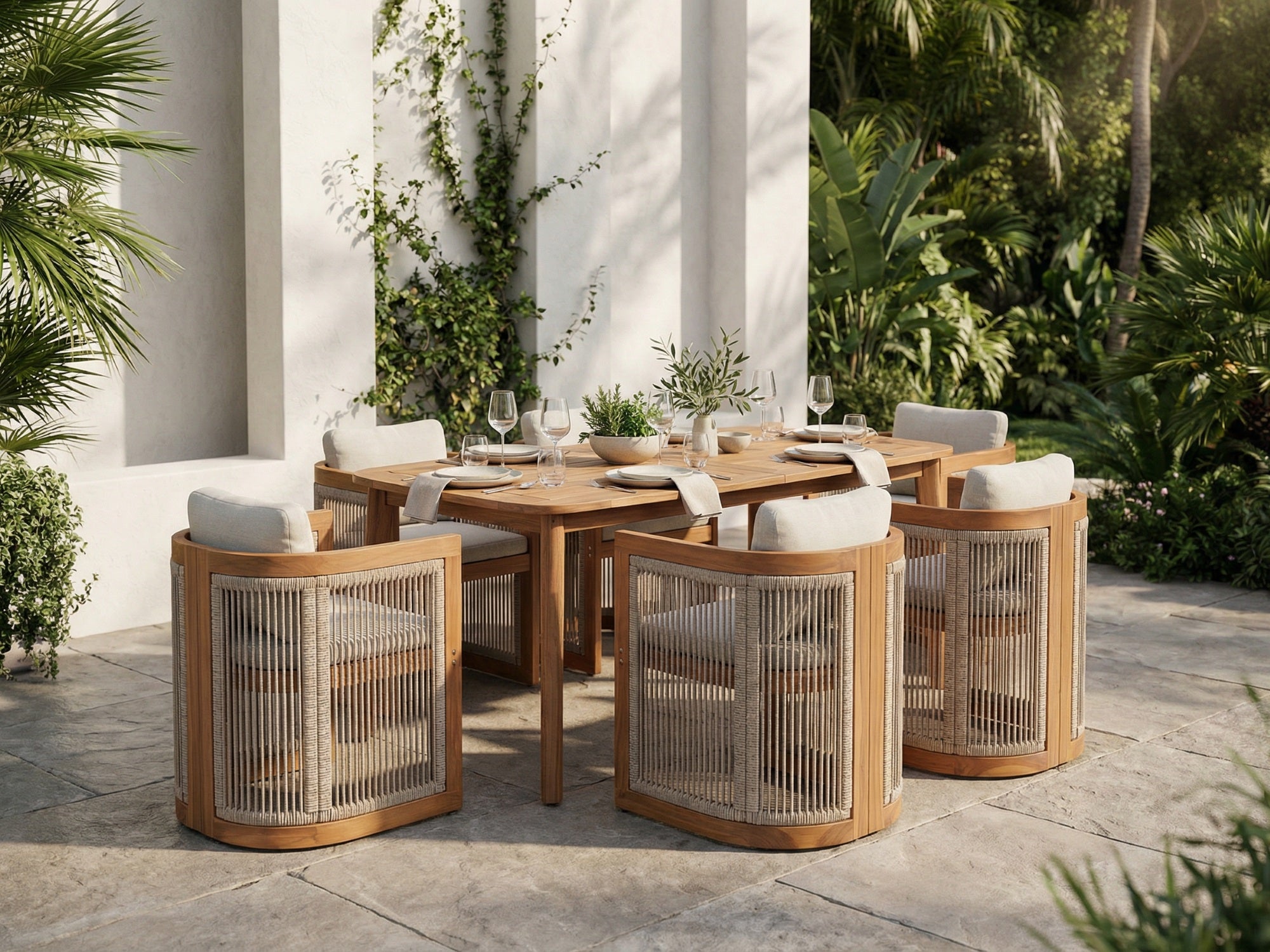 Mori Outdoor Wood & Rope Dining Set with Umbrella Hole for 4-6 People, 63" Tapered Legs