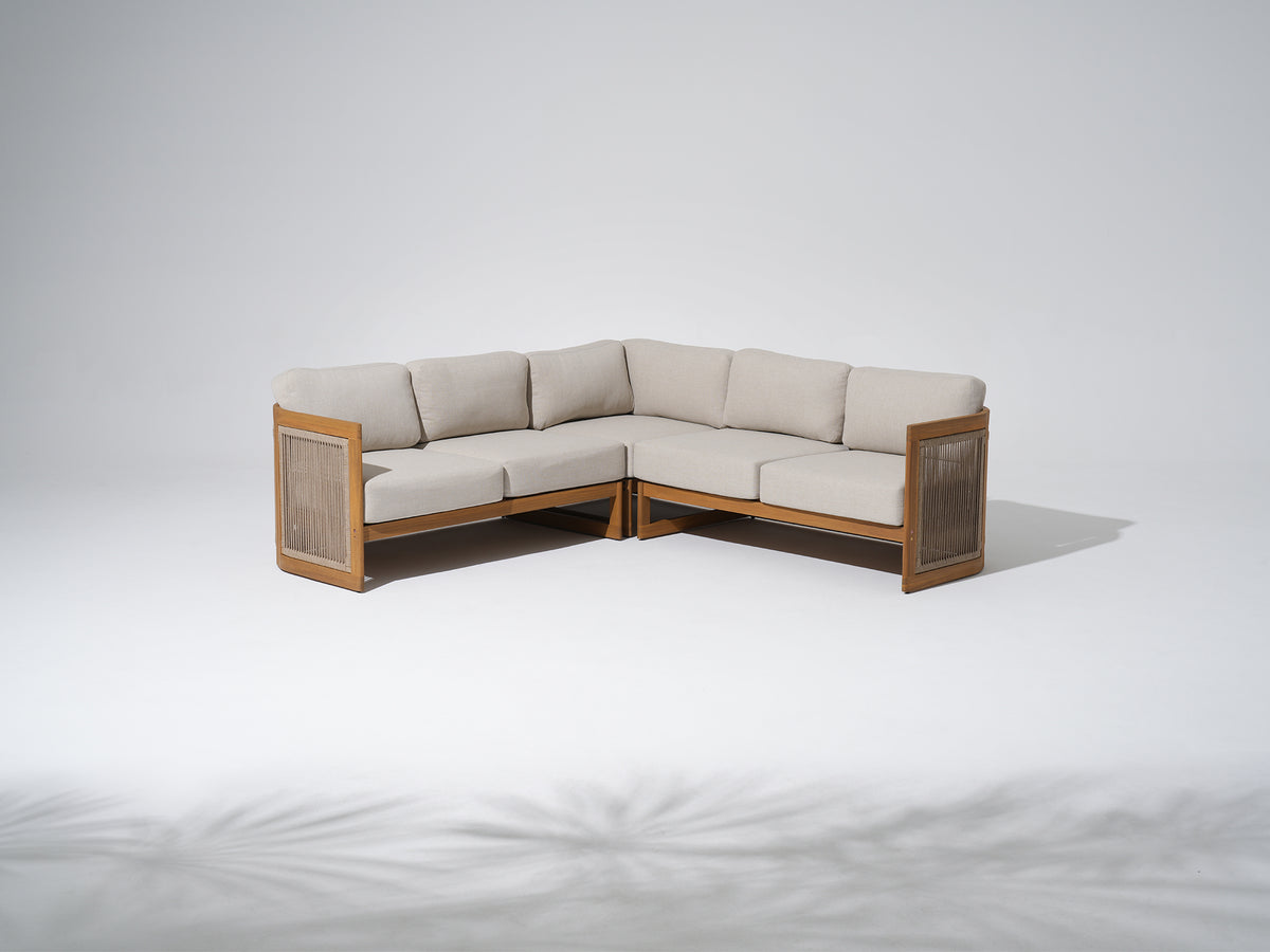 Mori Wooden Sectional with Adjustable Backrest, Linen Cushions & Swivel Chair