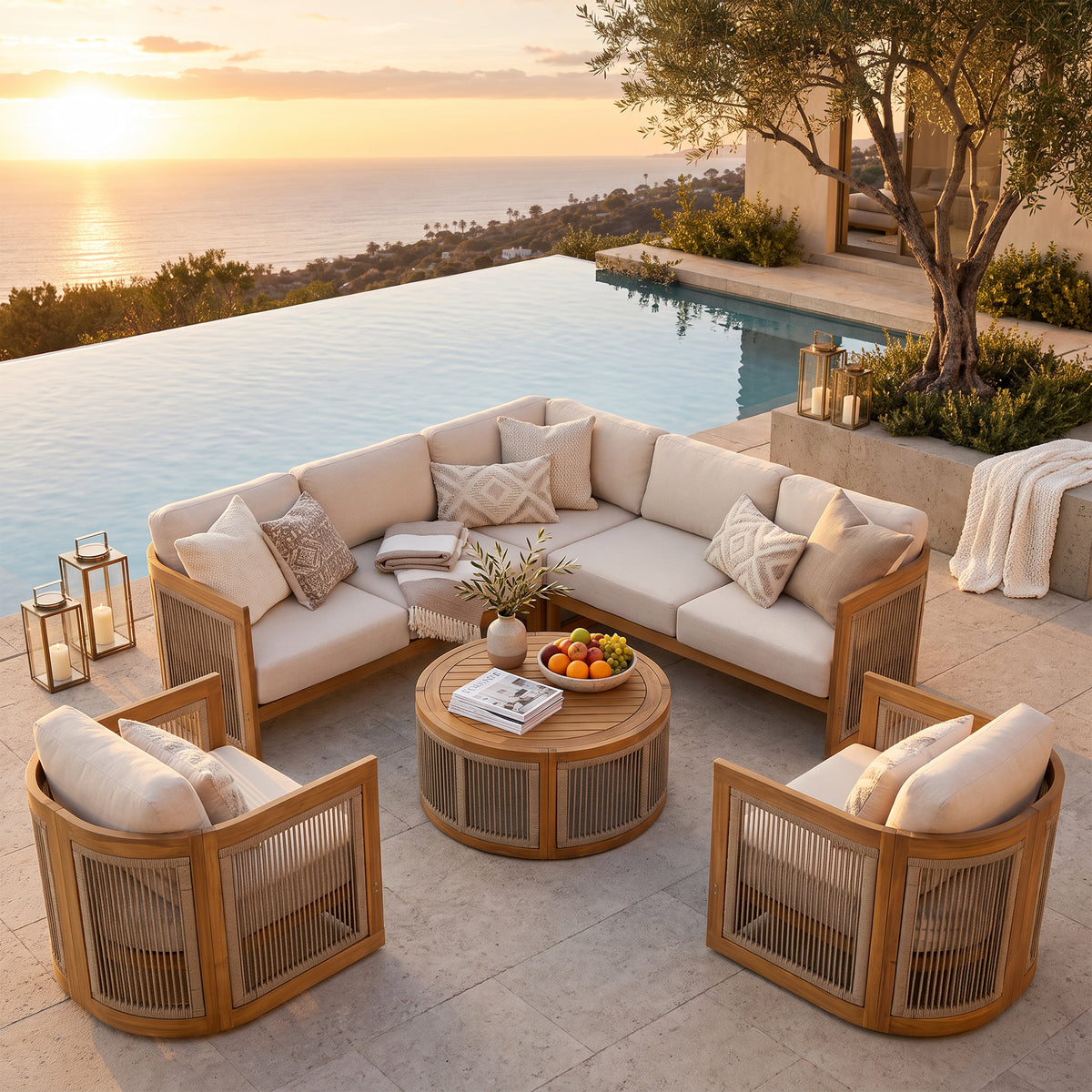 Mori Wooden Sectional with Adjustable Backrest, Linen Cushions & Swivel Chair