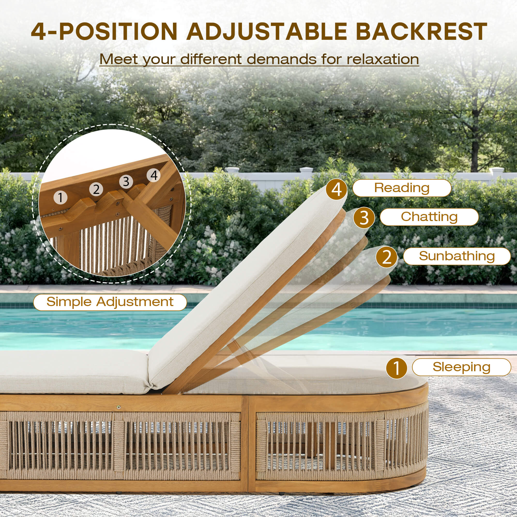 Mori Wooden Outdoor Chaise Lounge Chair, Rope Design, Adjustable Backrest with Thick Cushion