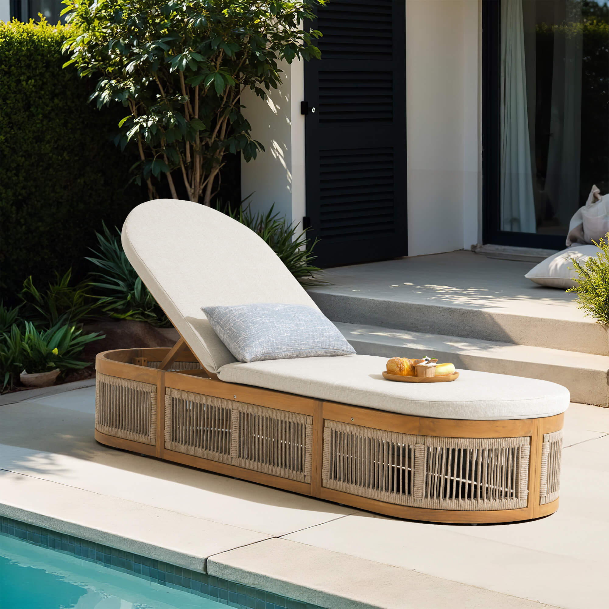 Mori Wooden Outdoor Chaise Lounge Chair, Rope Design, Adjustable Backrest with Thick Cushion
