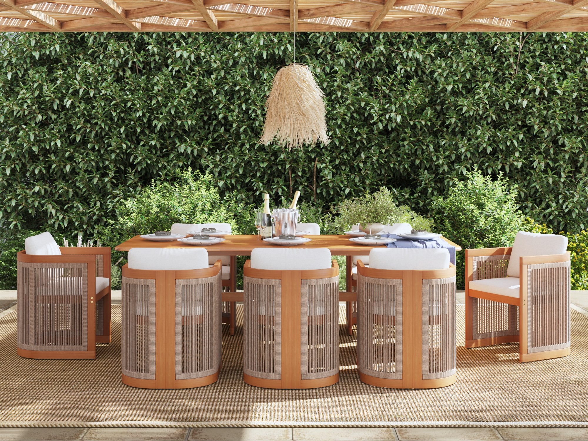 Mori Wooden Outdoor Dining Set with Cording Chairs for 6-8 People, 86.6" table, Solid Side Panel Legs