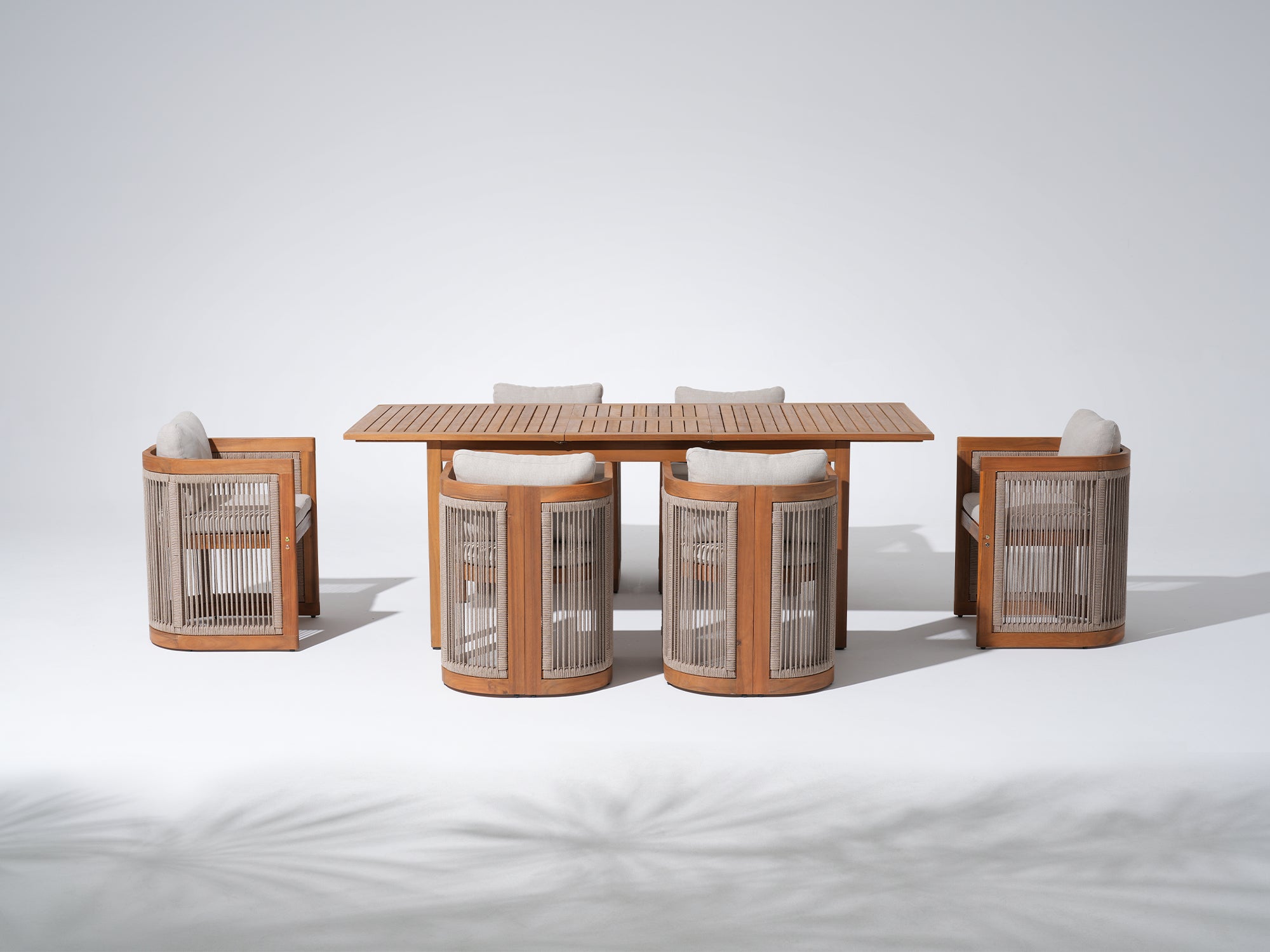 Mori Wooden Extendable Outdoor Dining Set with Nylon Cording Chairs for 6-8 People, 59"-79"