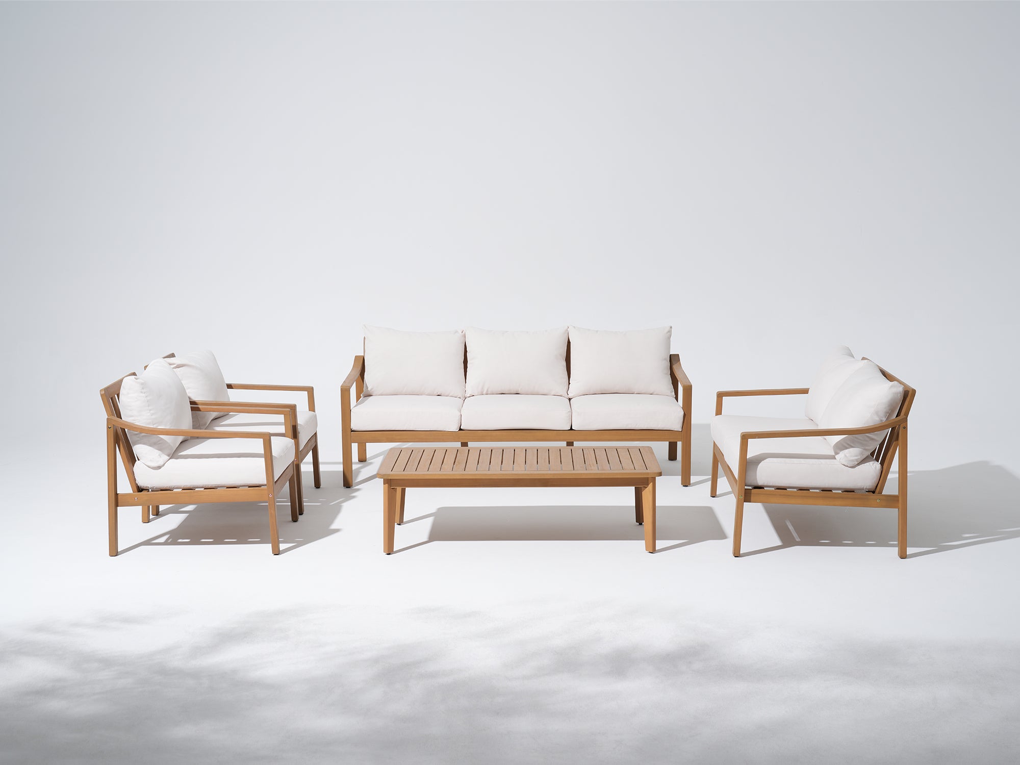 Noto white 7 seats Outdoor conversation furniture set with sofa, chairs, and table- Jardina Modern Premium Patio Outdoor Furniture