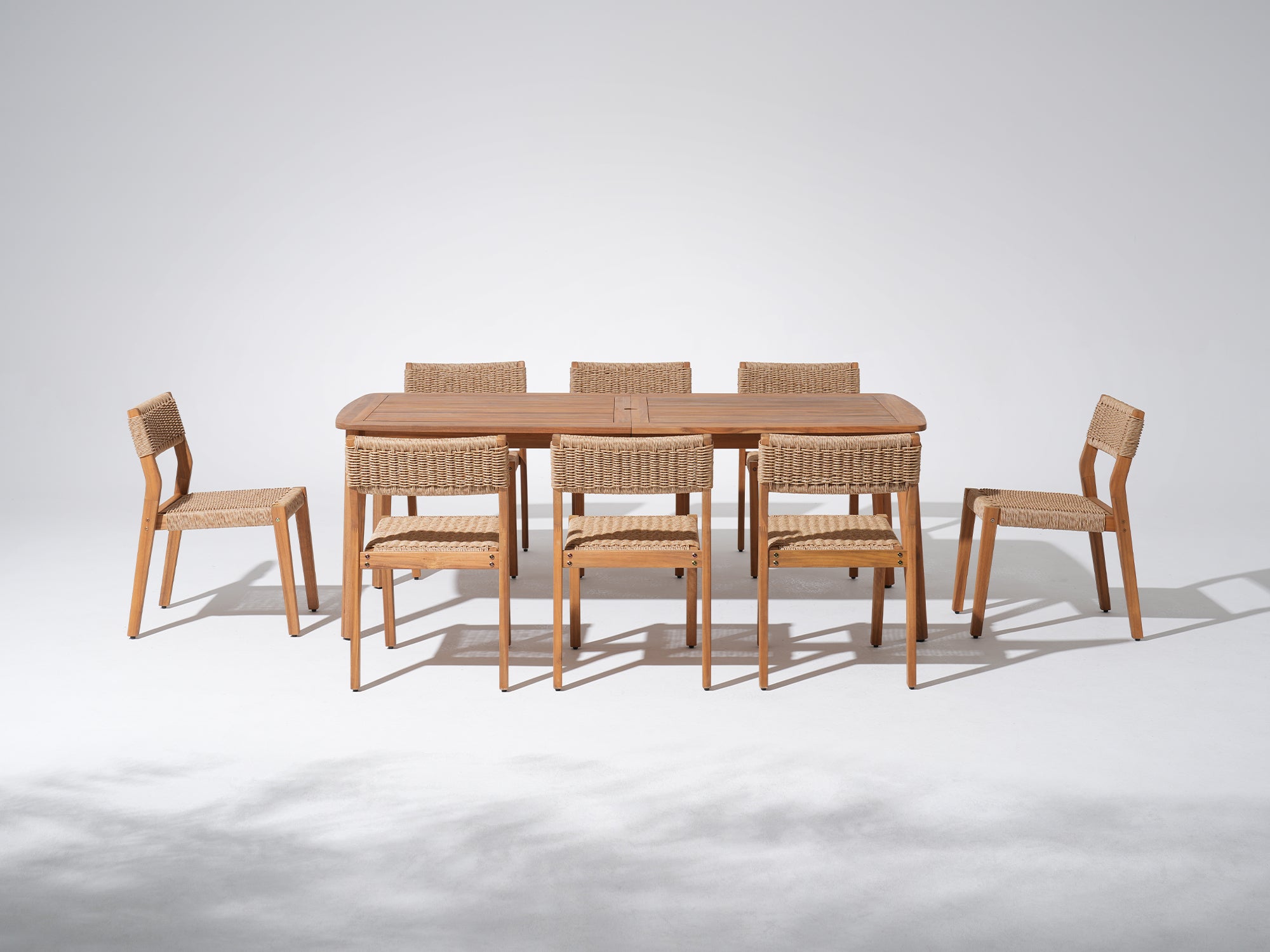 Nalia Outdoor Wood Dining Set with 8 Chairs, Armless Design, Umbrella Hole, 83" Tapered Legs