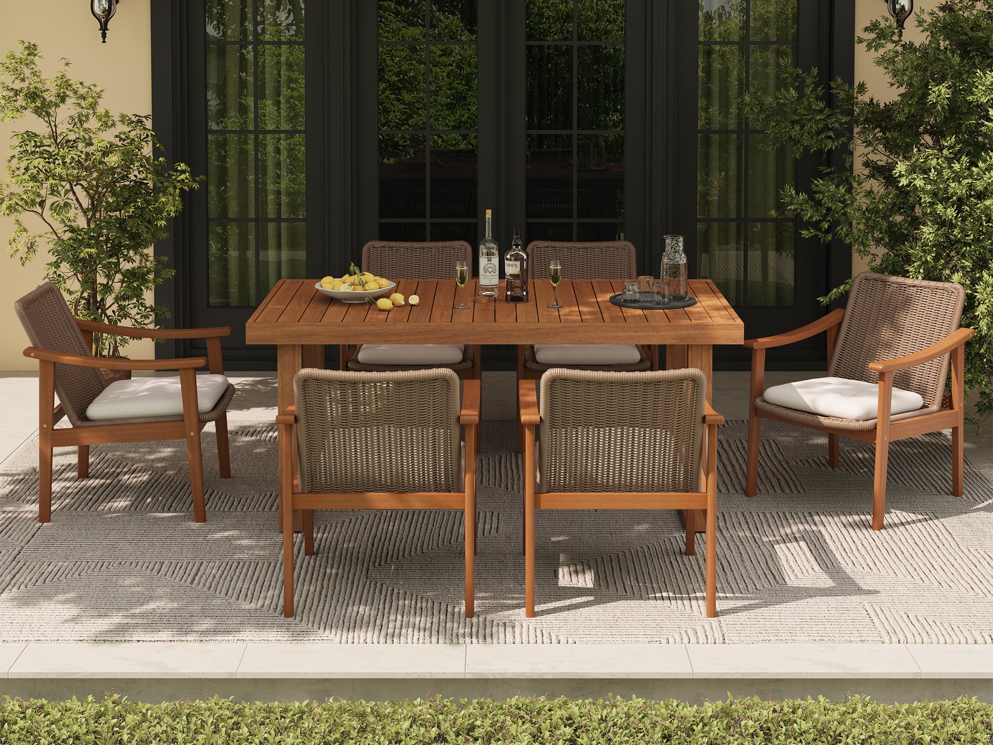Nalia Wood Outdoor Dining Set with Umbrella Hole for 6 People, Sled Leg Design, 67''