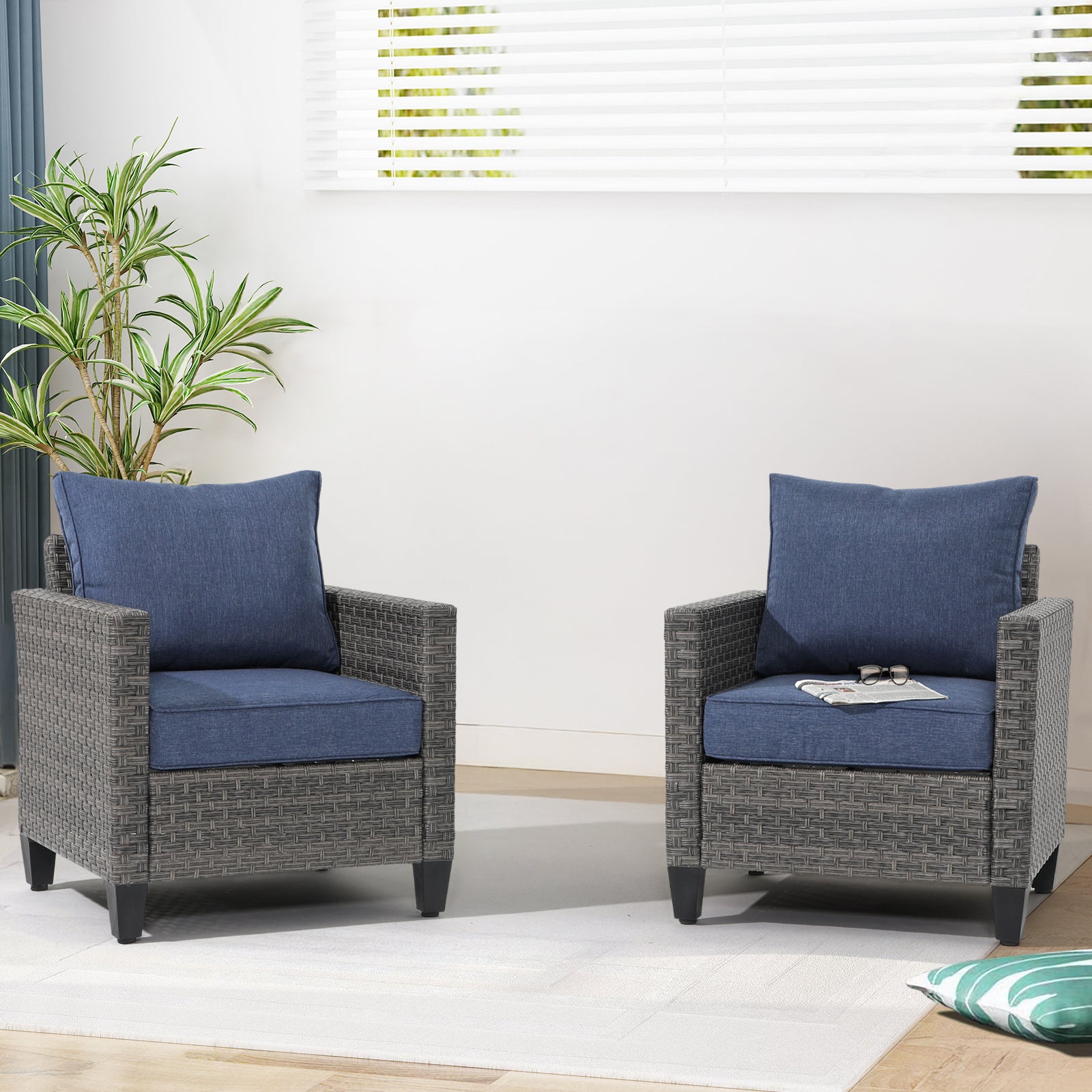 Ayia Grey Wicker Lounge Chairs with Cushions, Set of 2