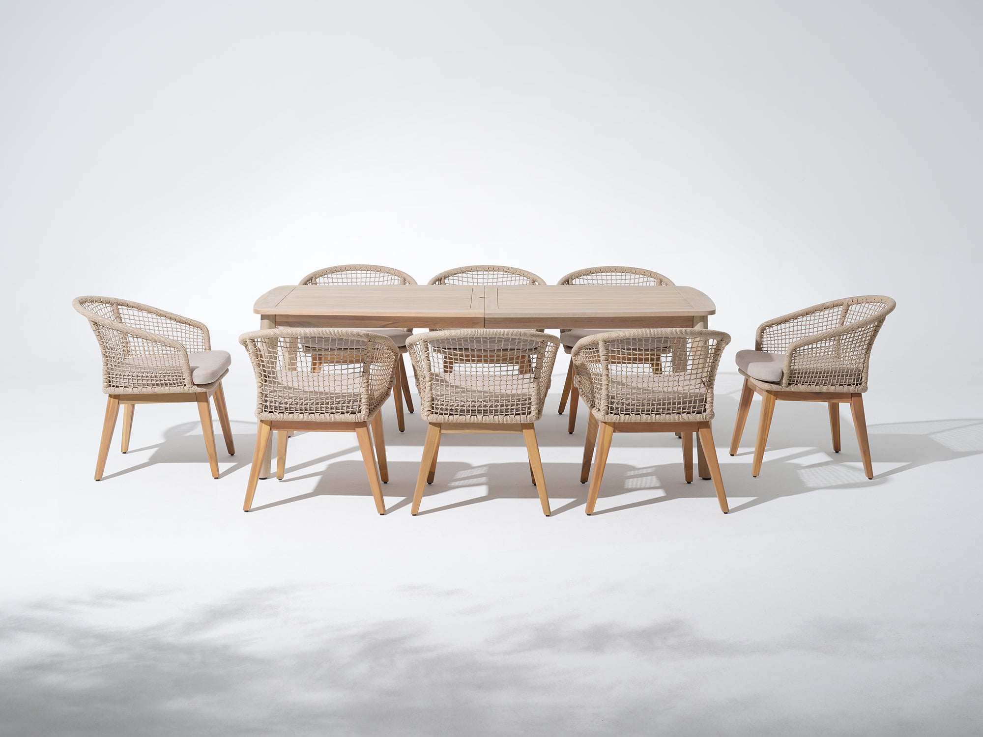 Noto Outdoor Acacia Dining Set with Checkerboard Woven Chairs & Umbrella Hole for 8 People, 83" Tapered Legs