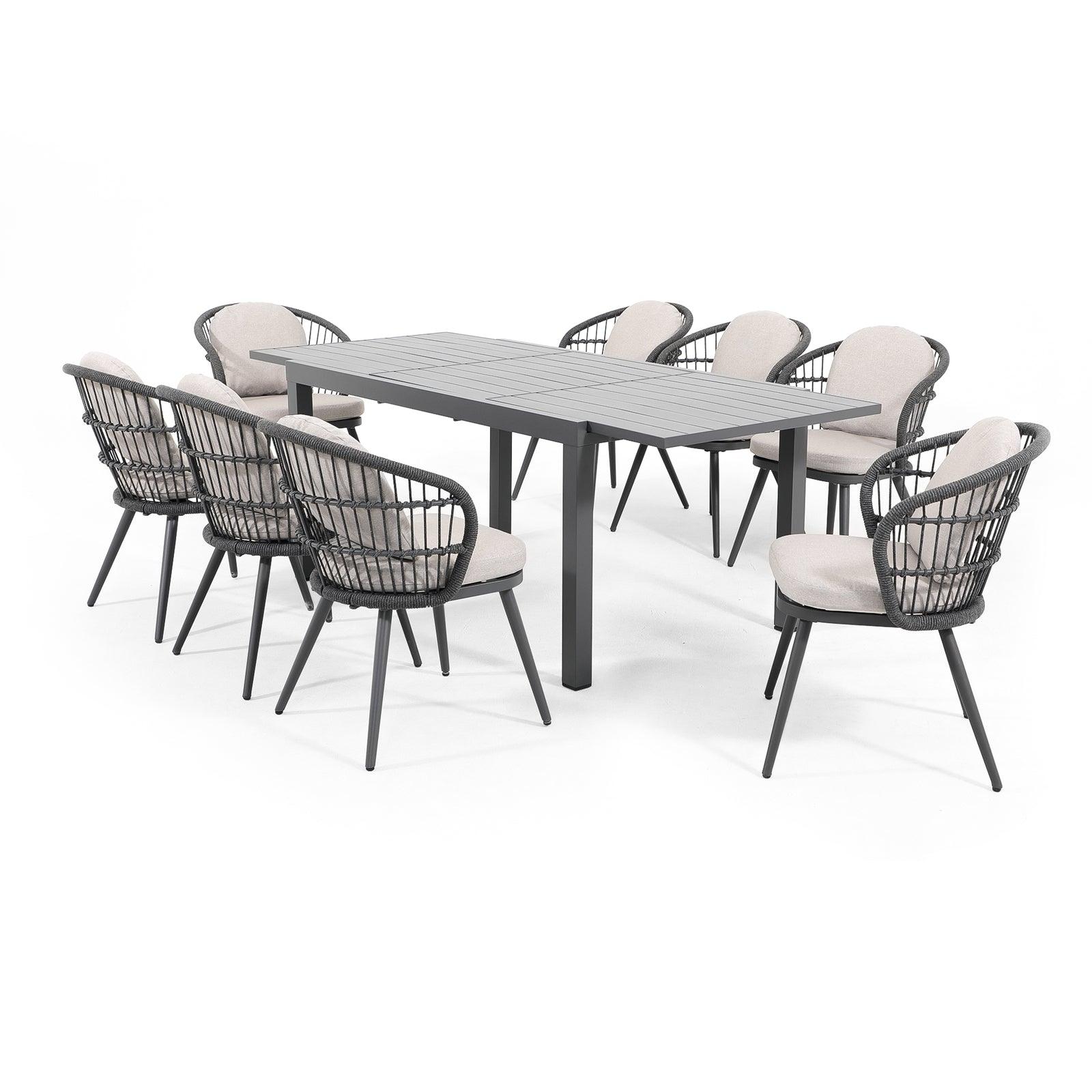 Comino Modern Rope Outdoor Furniture, dark grey aluminum frame outdoor Dining Set for 8 with light grey cushions, 8 dining seats with backrest rope design, 1 extendable rectangle aluminum dining table - Jardina Furniture#Pieces_9-pc.