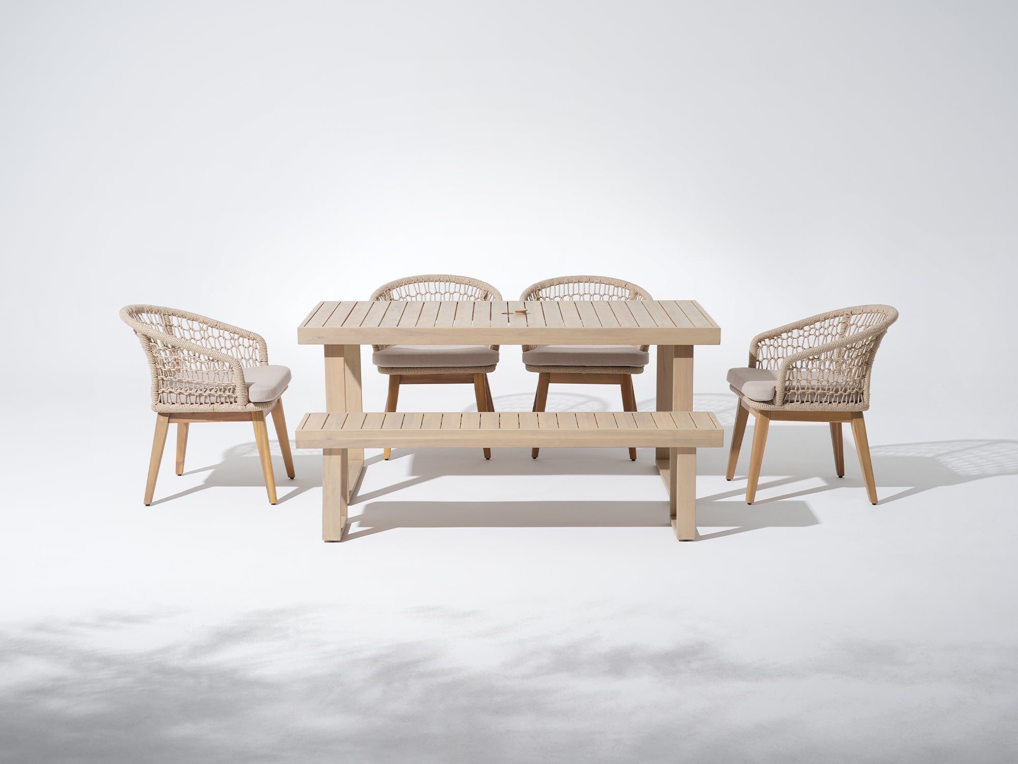 Noto 67'' Wooden Patio Dining Set for 6 People with Bench, Nylon Honeycomb Chairs