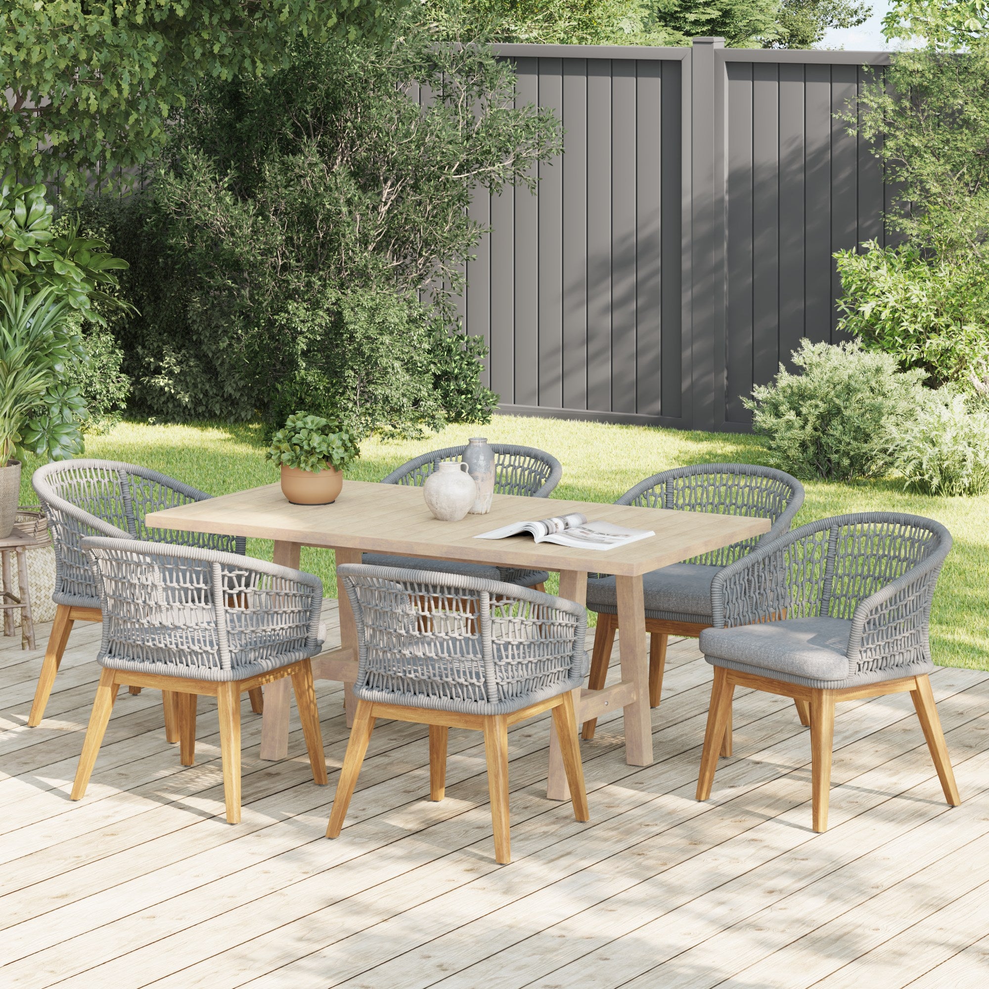wooden rectangular patio dining set for 6 with Grey rope design- Jardina Modern Premium Patio Outdoor Furniture#Color_Grey