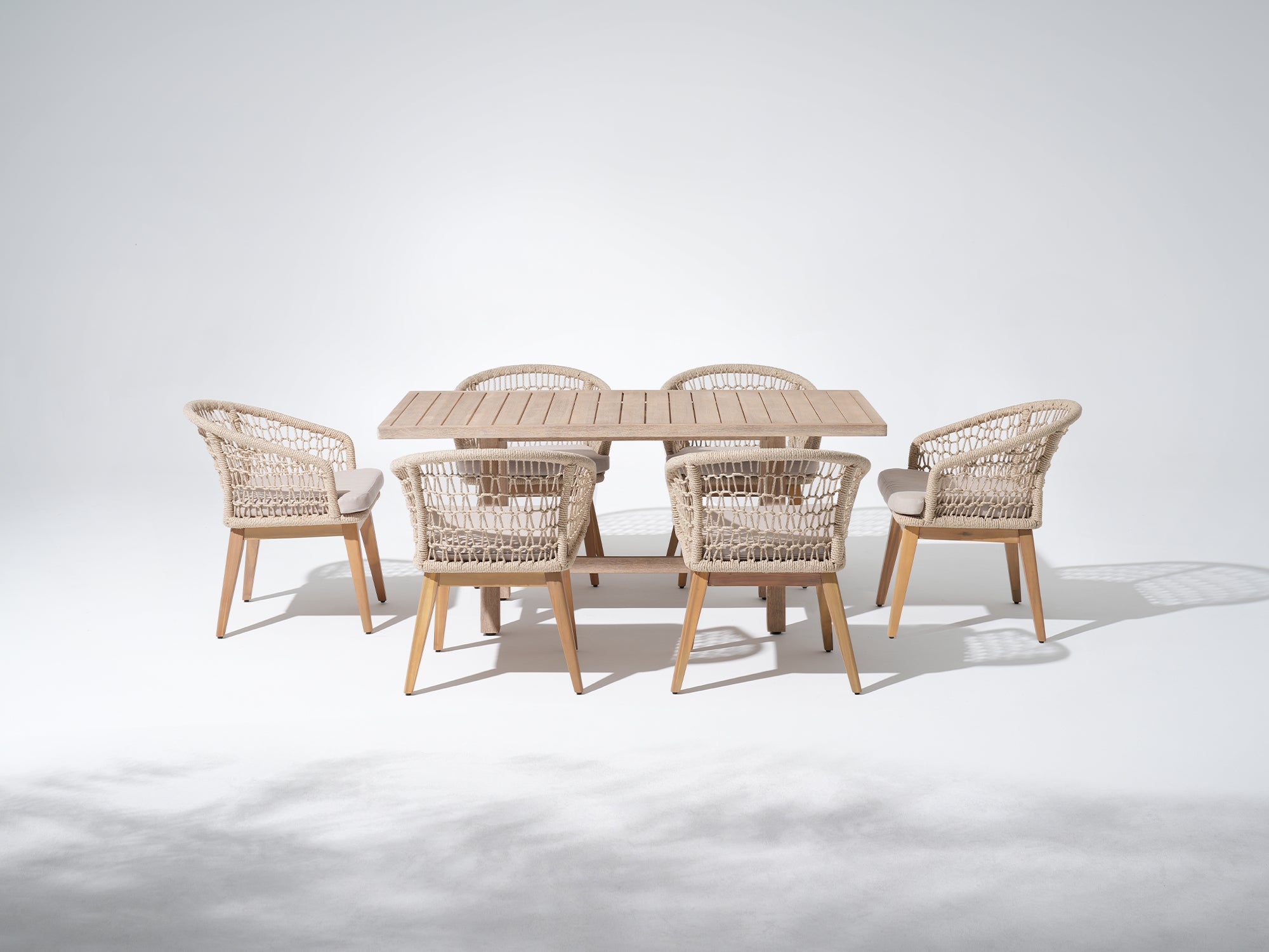 Noto 6-Seat 67" Wooden Patio Dining Set with Nylon Honeycomb Chairs; Grey & Beige Cushions