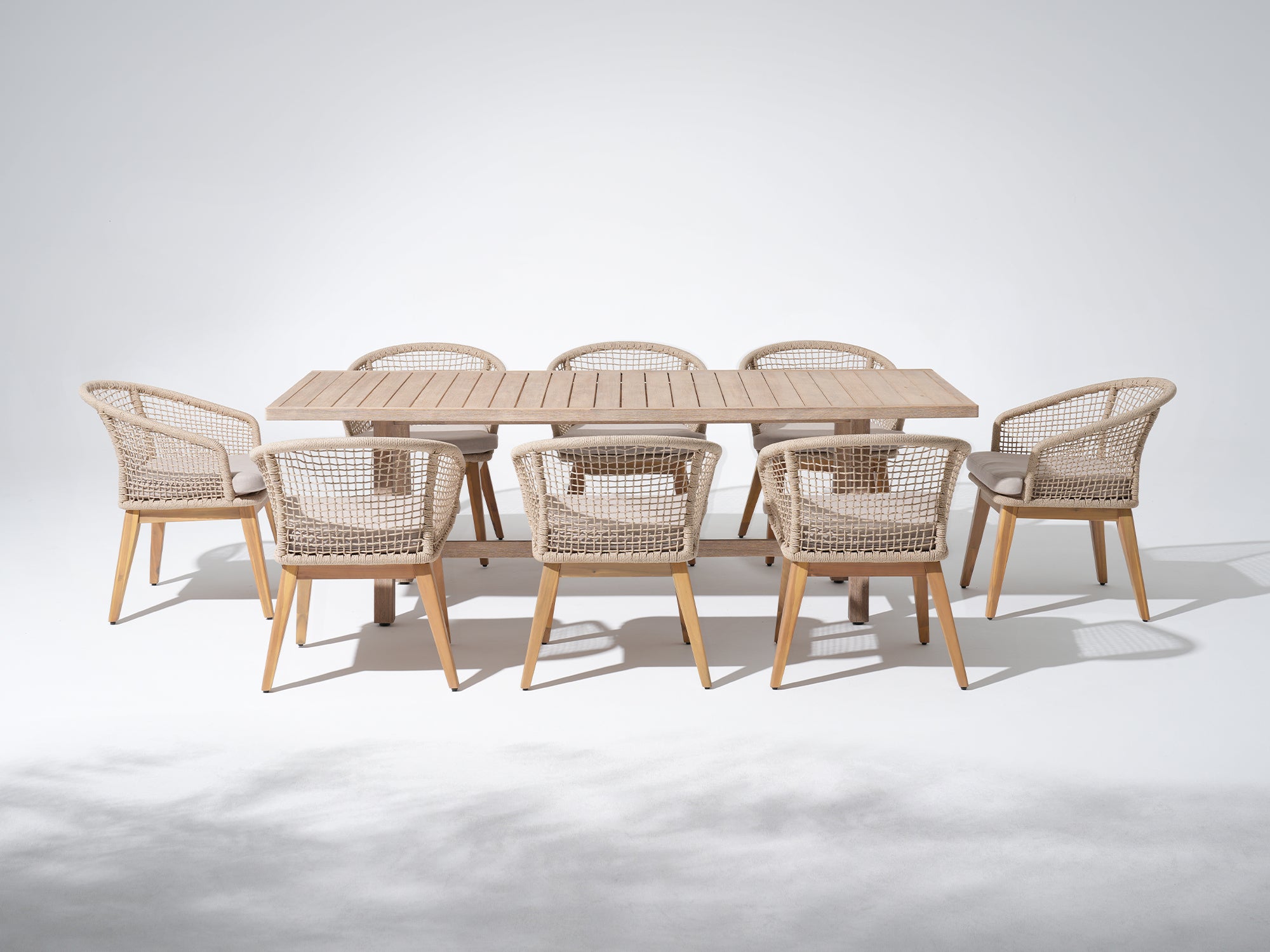 Noto 8-Seat 90" Wooden Patio Dining Set with Nylon Honeycomb Chairs