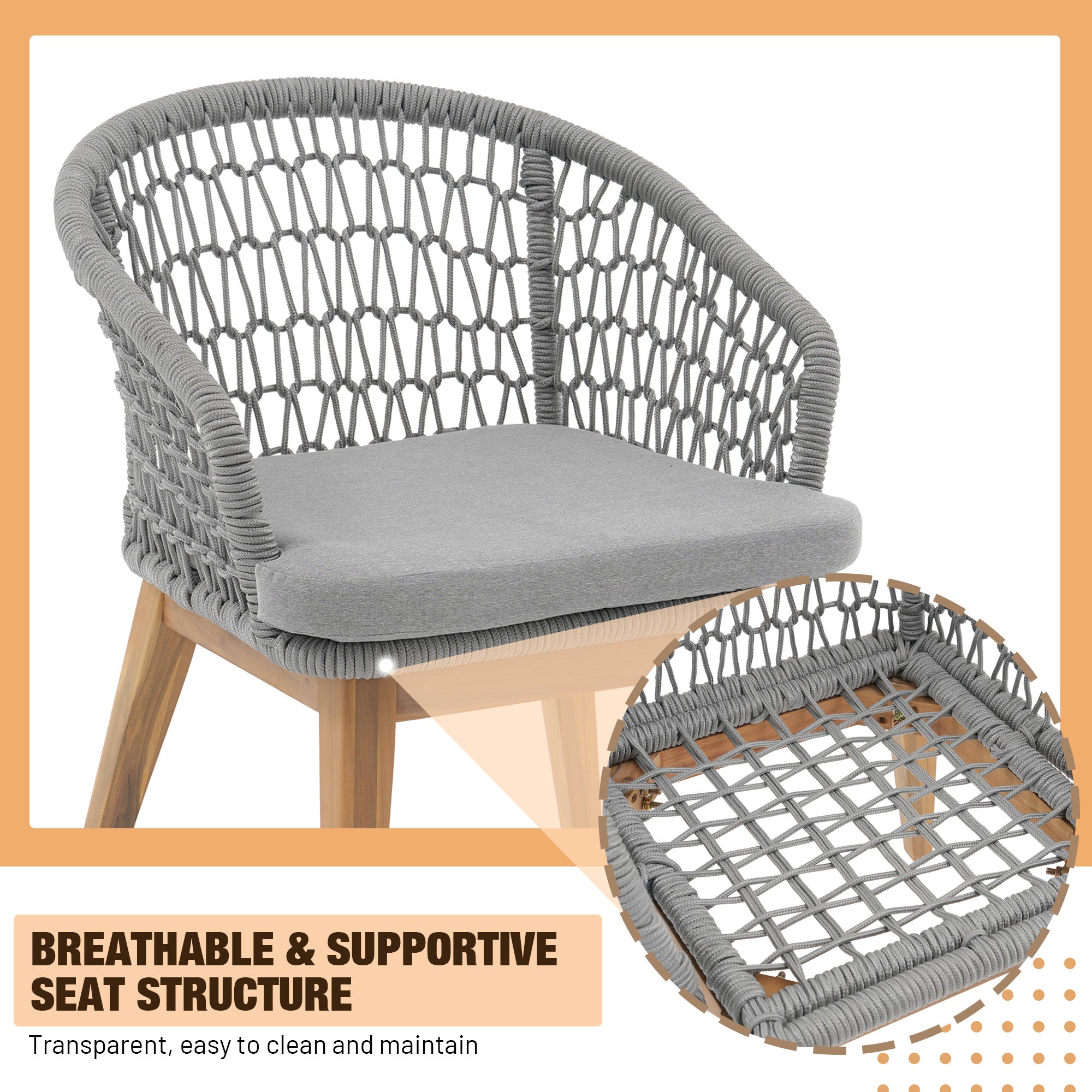 wooden outdoor dining chairs with grey rope design detail- Jardina Modern Premium Patio Outdoor Furniture#Color_Grey