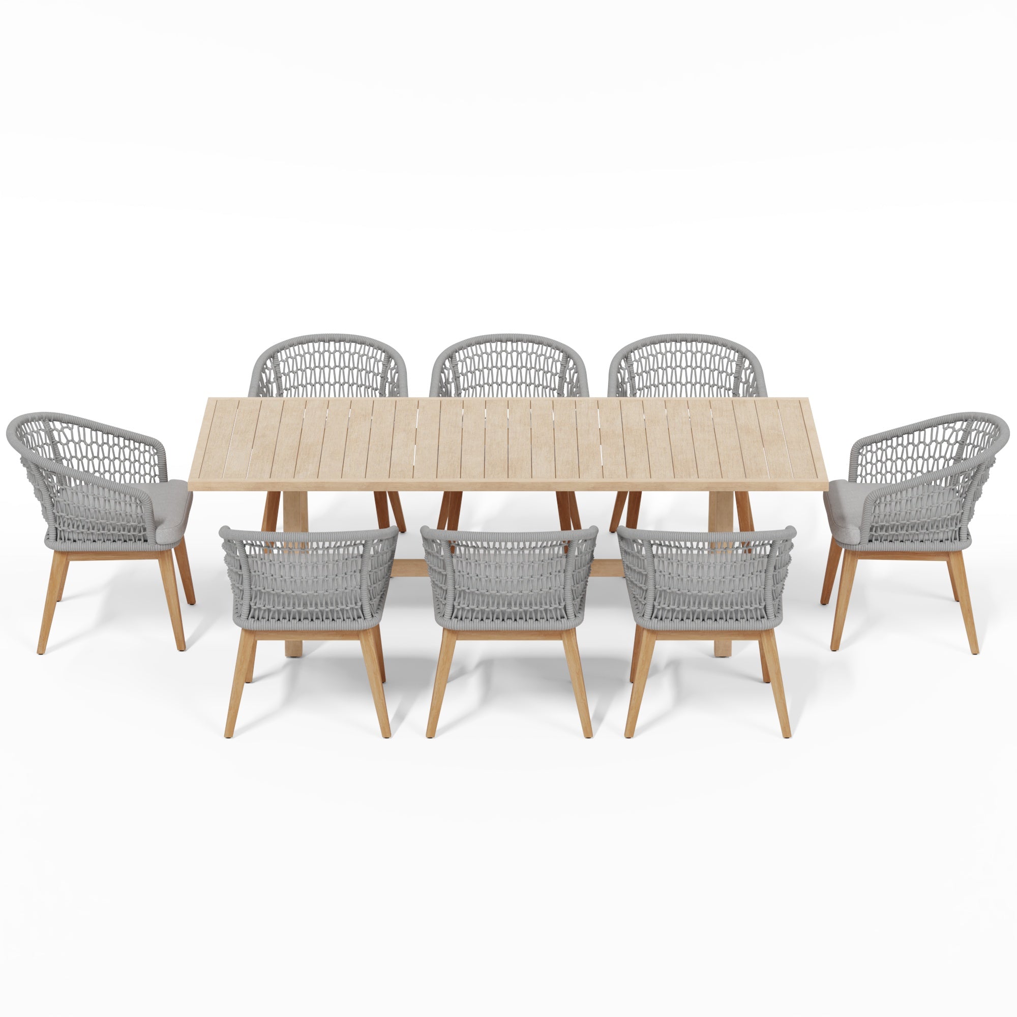Wooden dining table with eight gray wicker chairs- Jardina Modern Premium Patio Outdoor Furniture