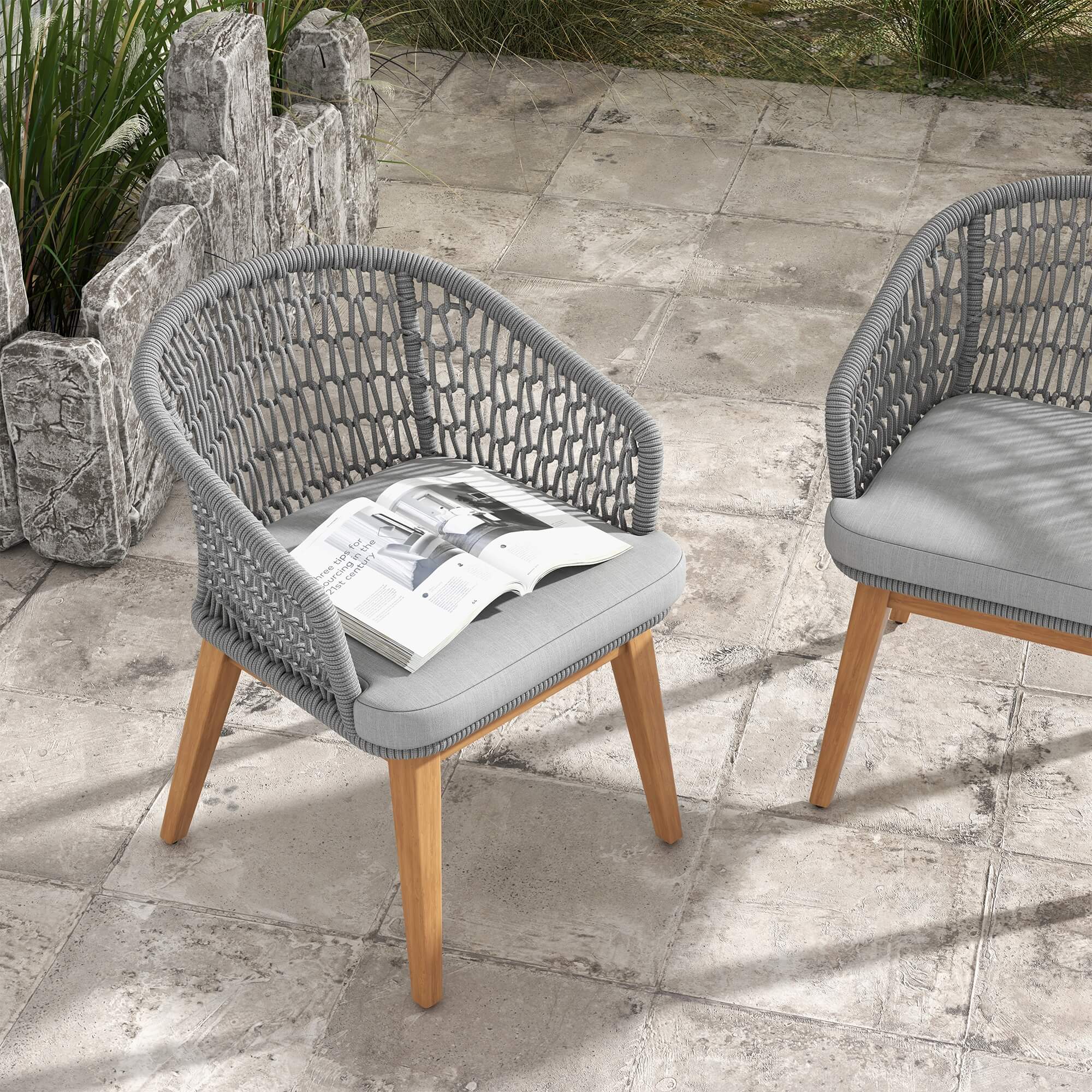 wooden outdoor dining armchairs with grey rope design- Jardina Modern Premium Patio Outdoor Furniture#Color_Grey