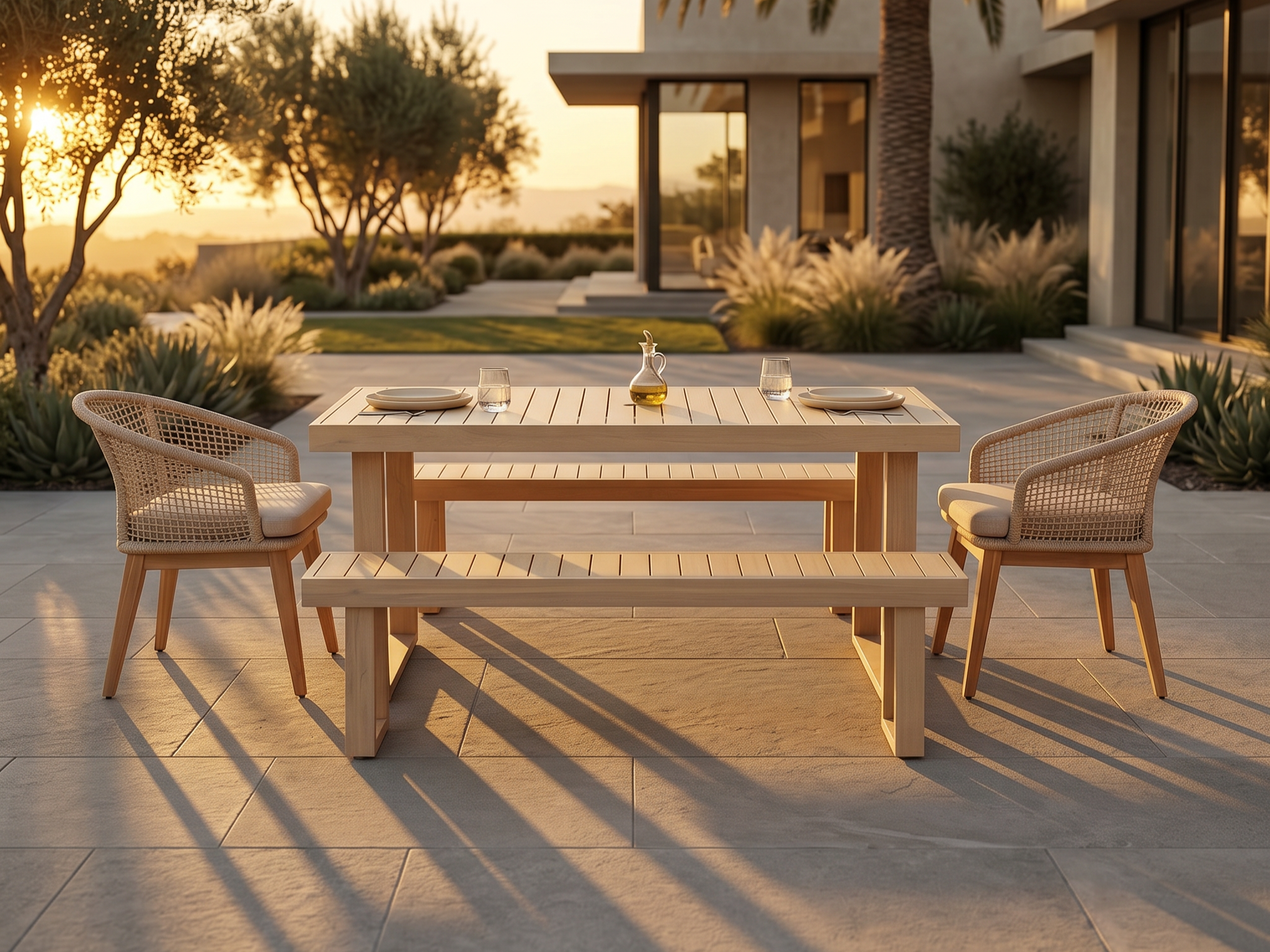 Noto Outdoor Acacia Dining Set with Checkerboard Woven Chairs & Bench, Umbrella Hole for 4-6 People, 67" Sled-Leg