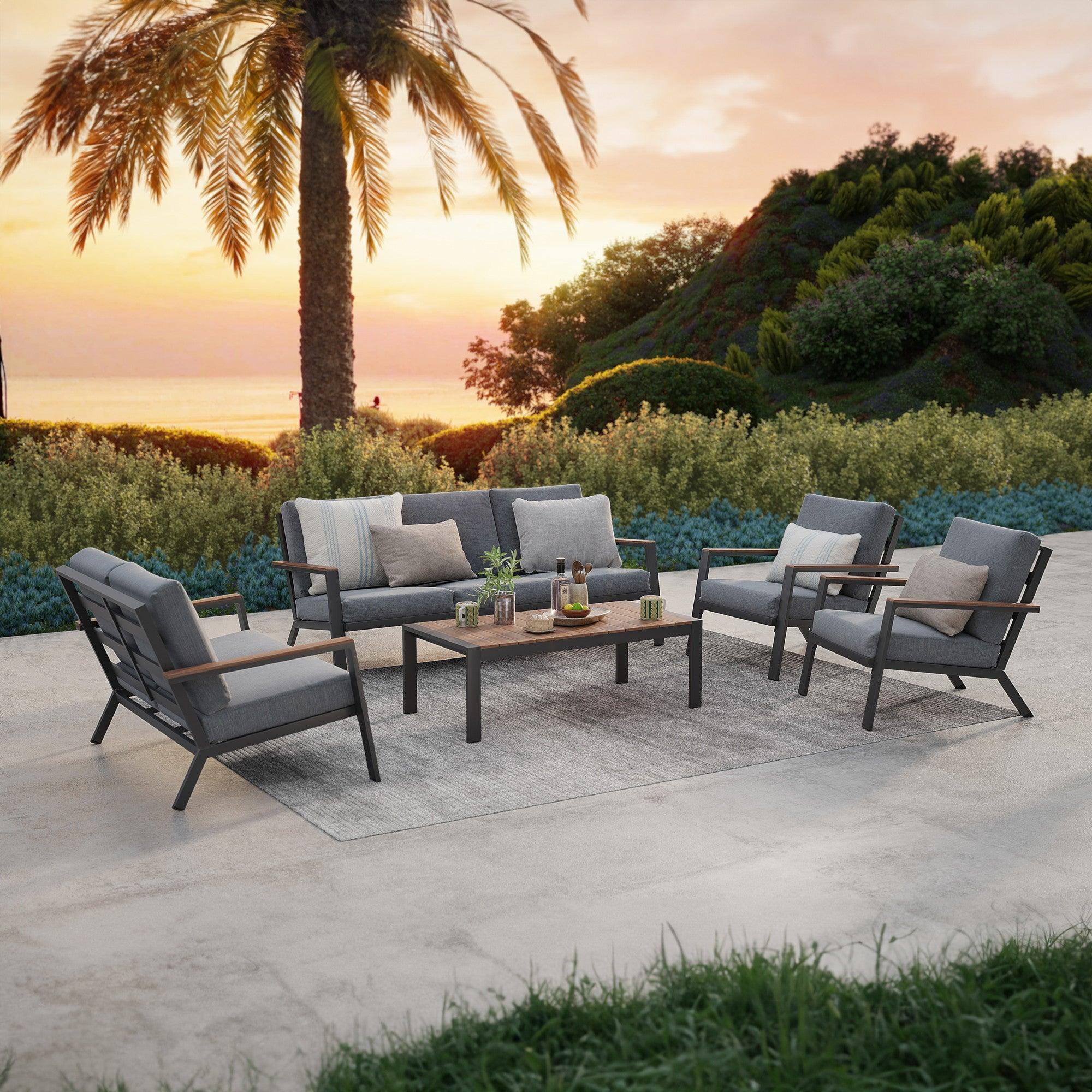 Ronda Modern Aluminum Outdoor Furniture, 5-Piece outdoor Sofa Set with aluminum frame, wood design armrest, grey cushions, a 3-seater sofa, a loveseat 2 arm chairs , 1 slat-top eucalyptus wood finish table, put on the carpet, under the tree, beside the sea- Jardina Furniture #Pieces_5-pc
