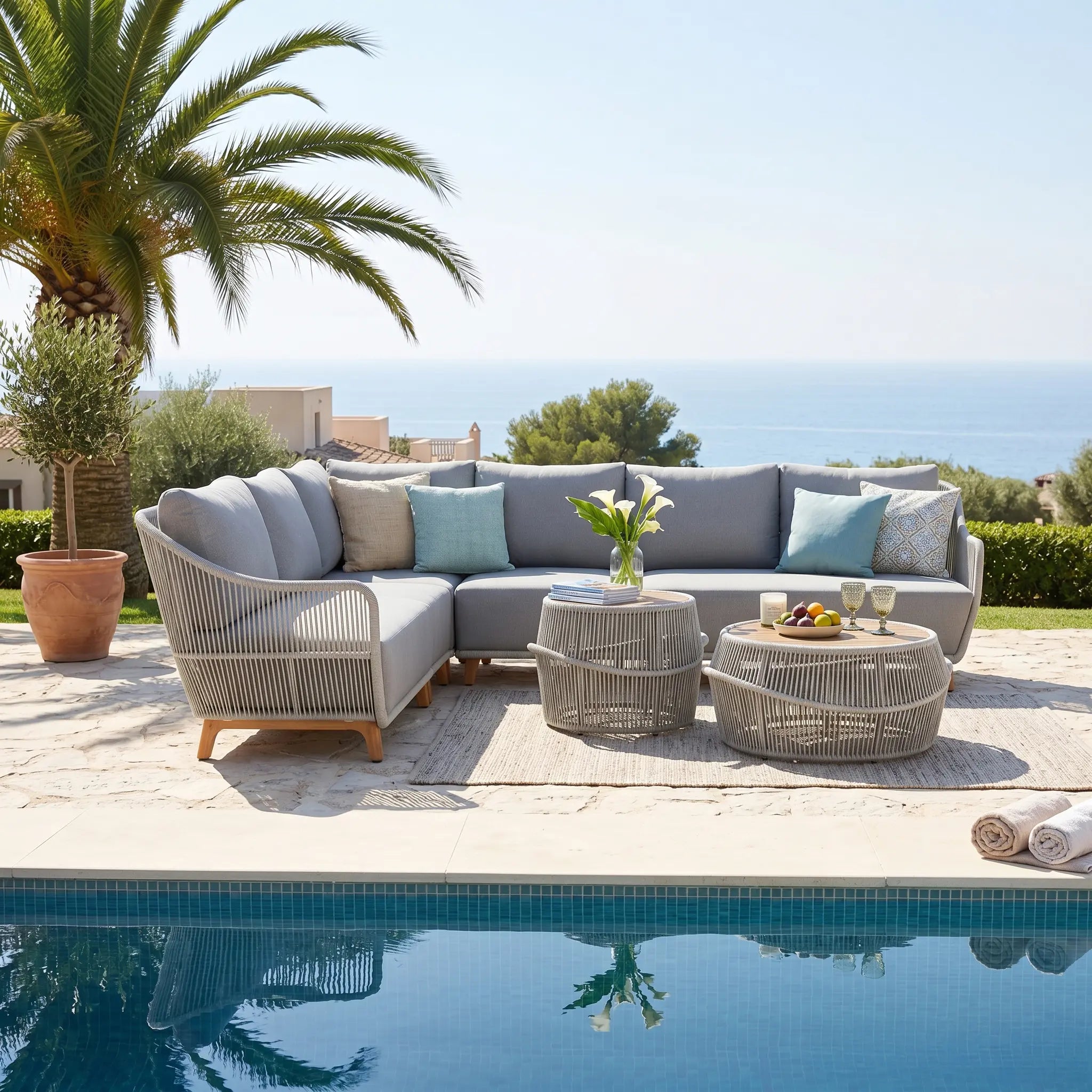 Plena L-Shaped Outdoor Sectional Set - Teak Wood & Handwoven Rope, Gray