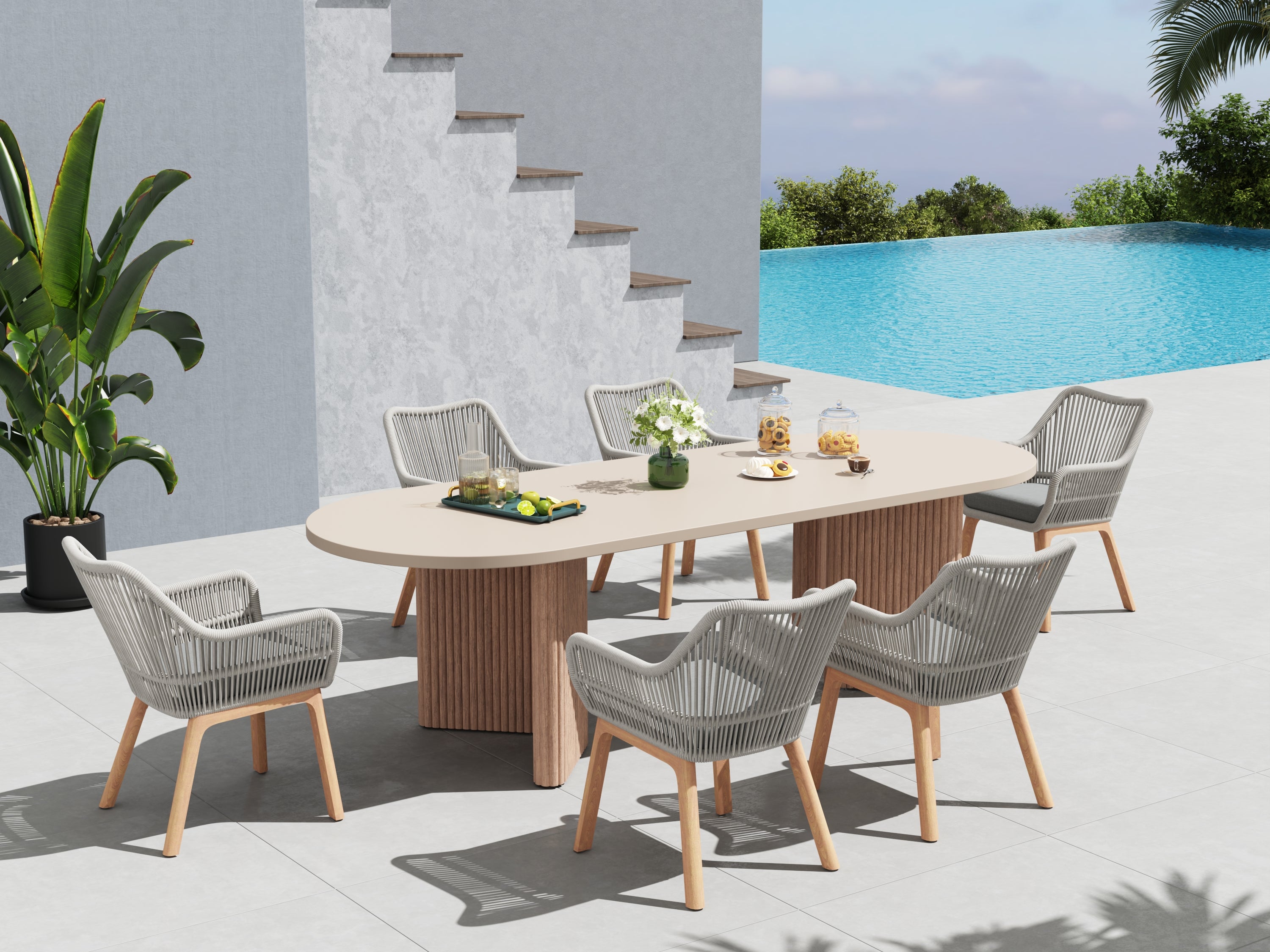 Plena & Tellus Teak Outdoor Dining Set For 6/8 People with Eucalyptus & Super Stone Table, 106.3''