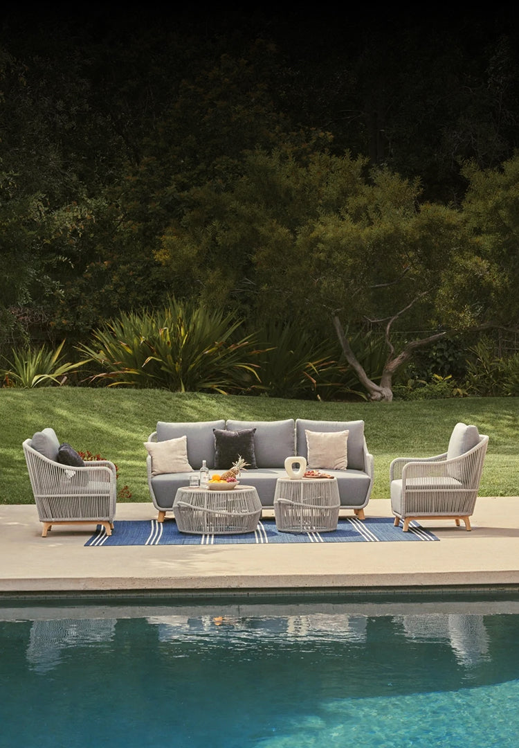 outdoor patio set with sofa, two armchairs, and two round coffee tables. rope design and teak frame- Jardina Modern Premium Outdoor Furniture Set