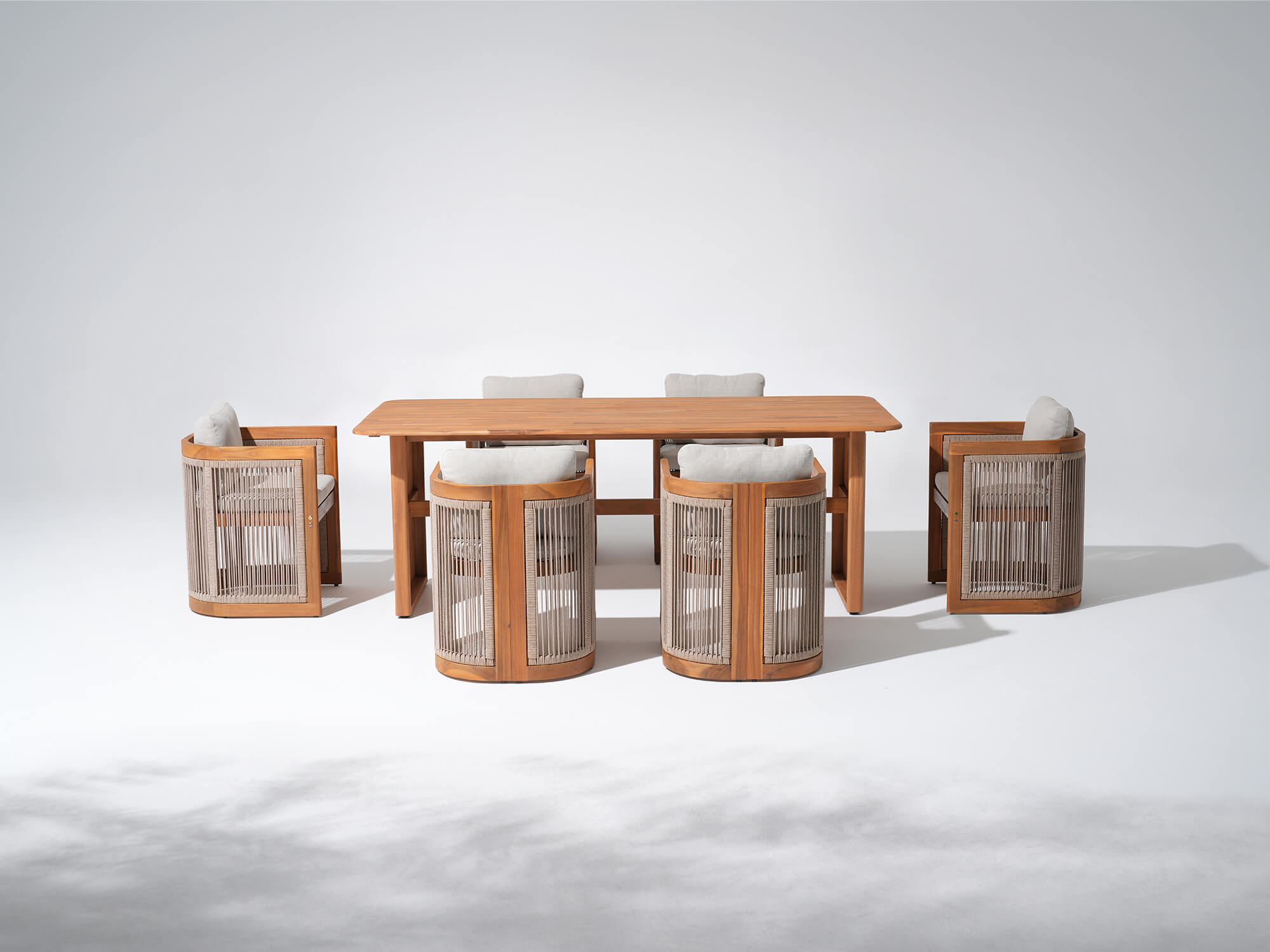 Wooden outdoor dining table and chairs for 6 people with woven rope design- Jardina Modern Premium Patio Outdoor Furniture 
