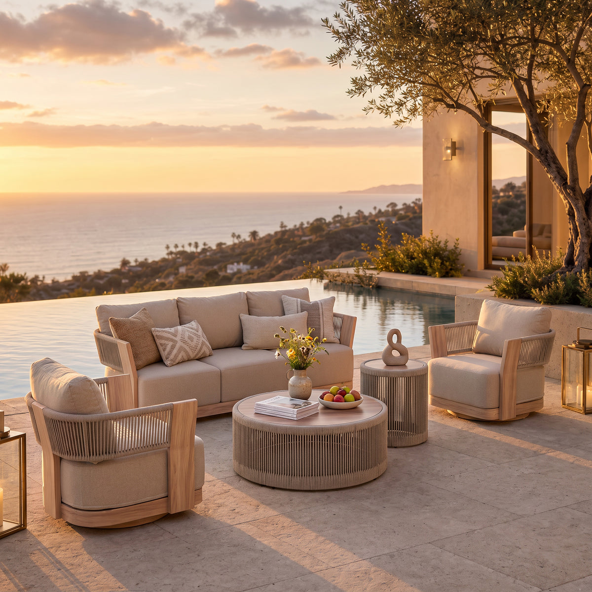 Bosa Rope Rattan Outdoor Conversation Set with Swivel Chair, Mixed Tables & Linen Cushions