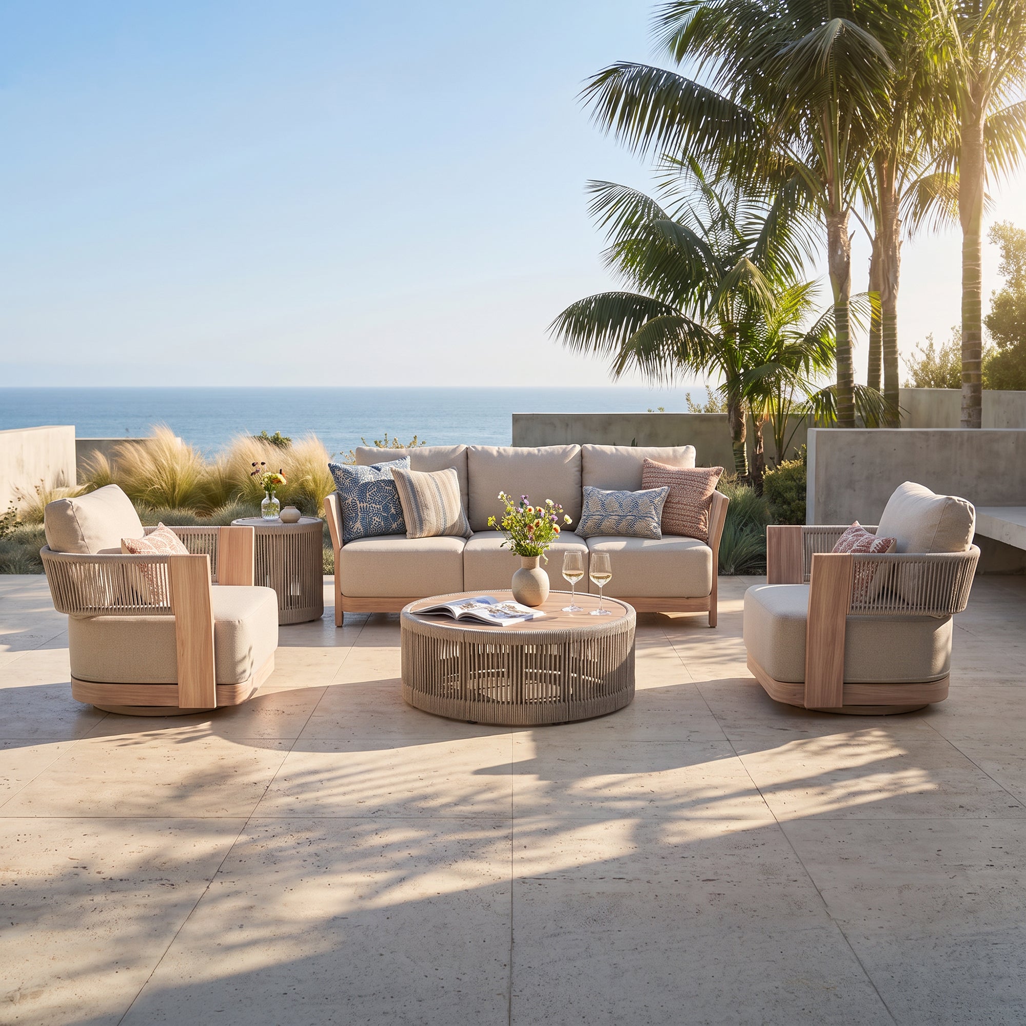 Bosa Rope Rattan Outdoor Conversation Set with Swivel Chair, Mixed Tables & Linen Cushions