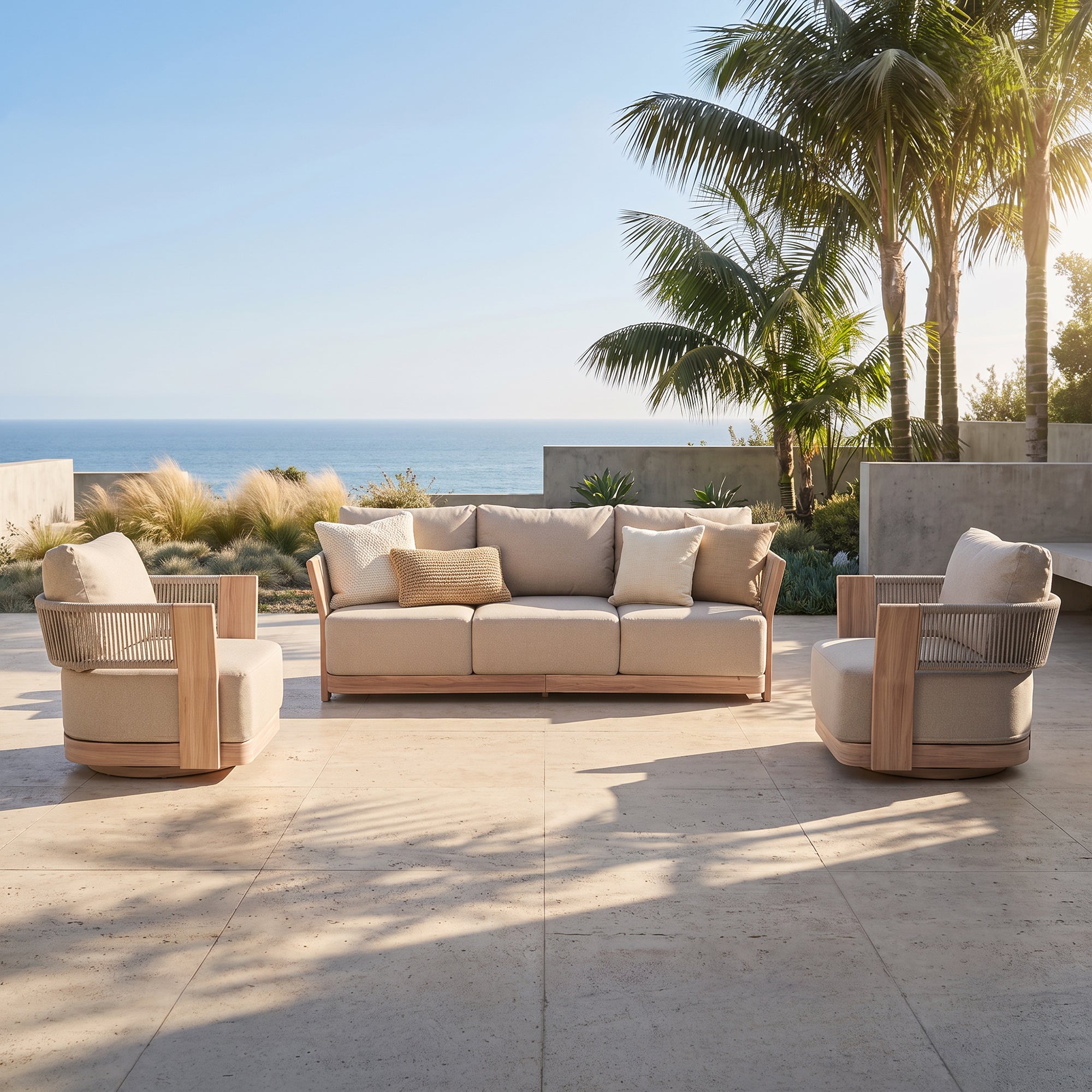 Bosa Rope Rattan Outdoor Conversation Set with Swivel Chair, Mixed Tables & Linen Cushions