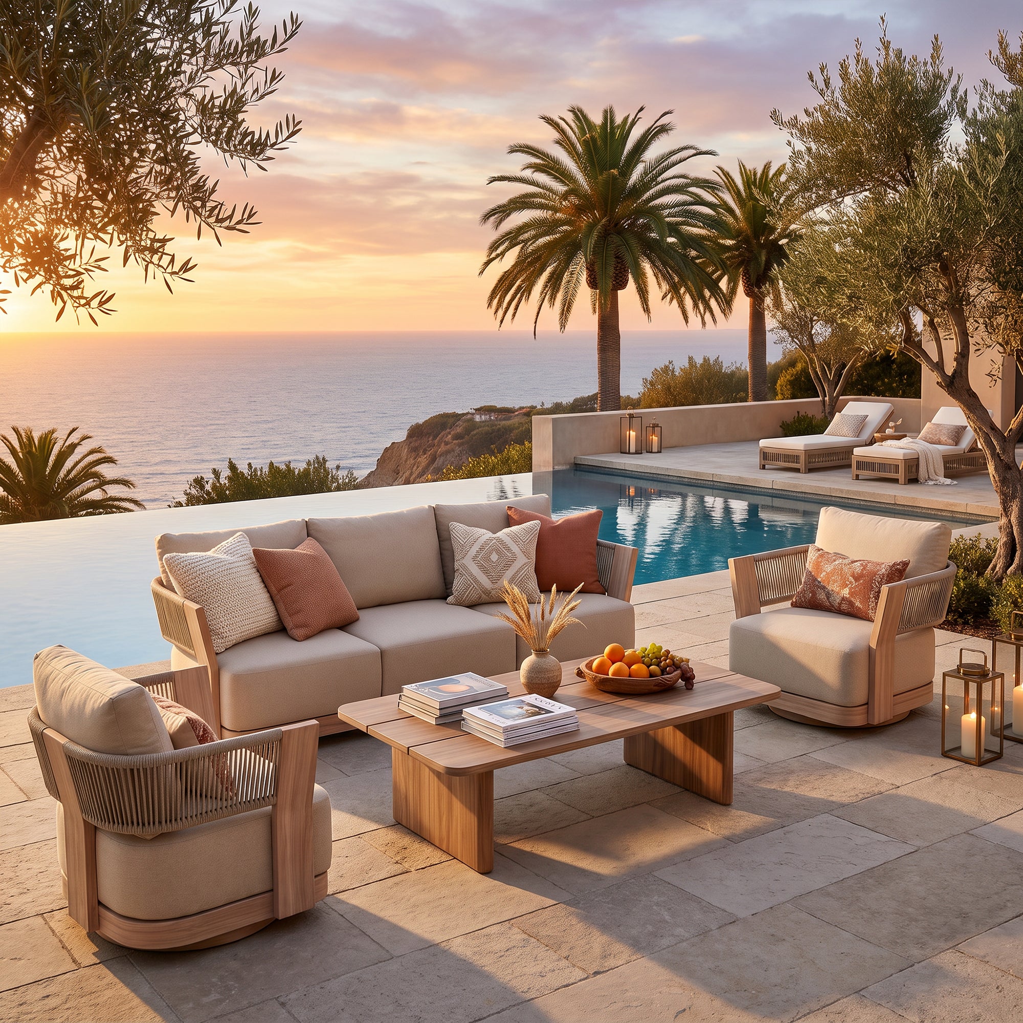 Bosa Rope Rattan Outdoor Conversation Set with Swivel Chair, Mixed Tables & Linen Cushions