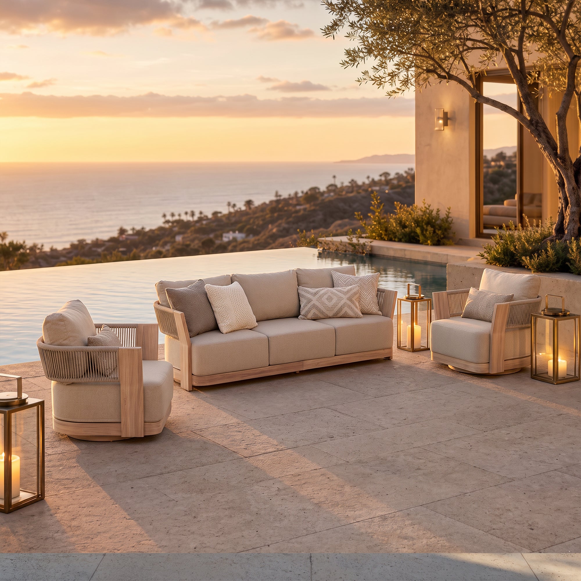 Bosa Rope Rattan Outdoor Conversation Set with Swivel Chair, Mixed Tables & Linen Cushions