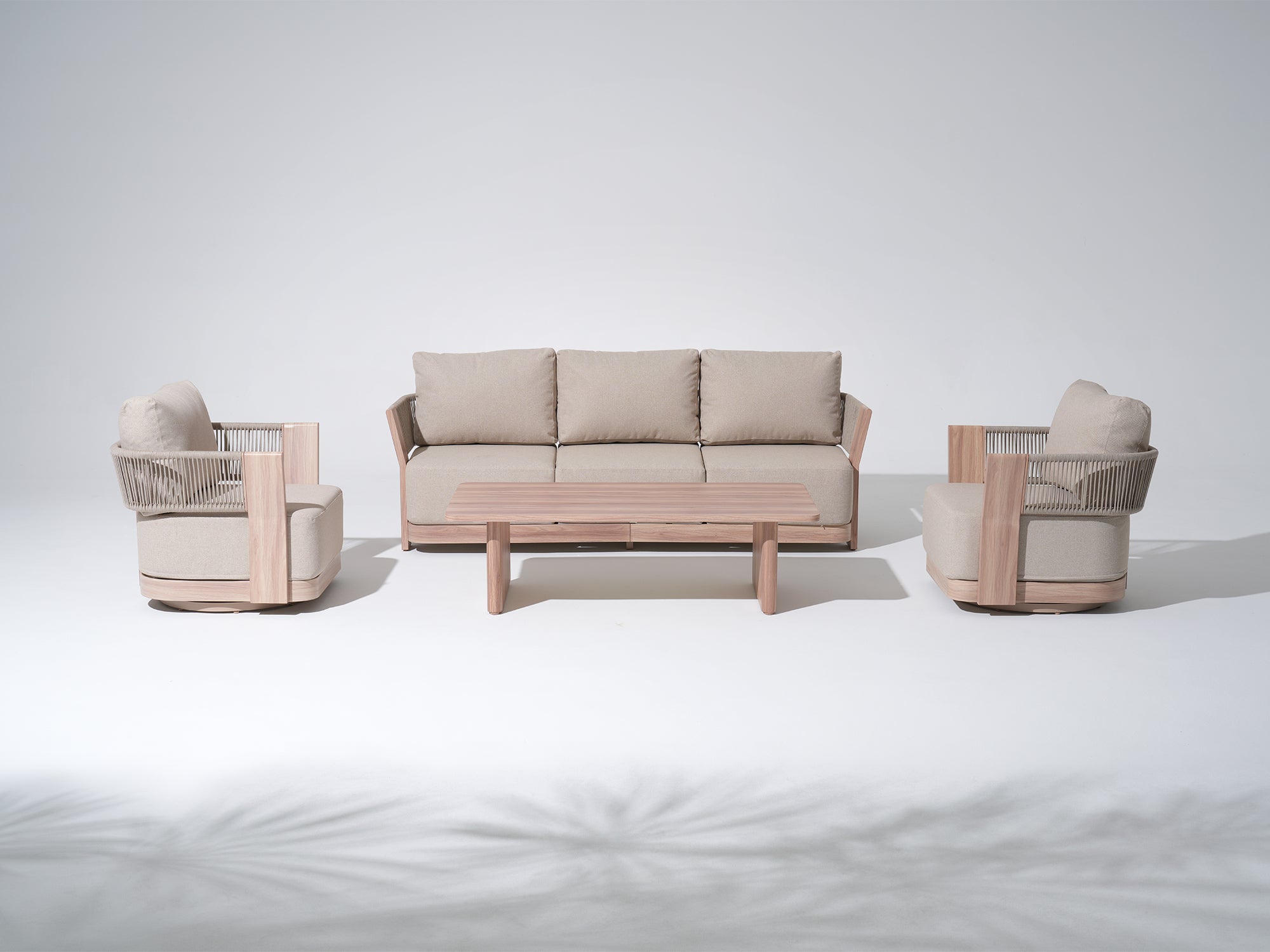 Bosa Rope Rattan Outdoor Conversation Set with Swivel Chair, Mixed Tables & Linen Cushions
