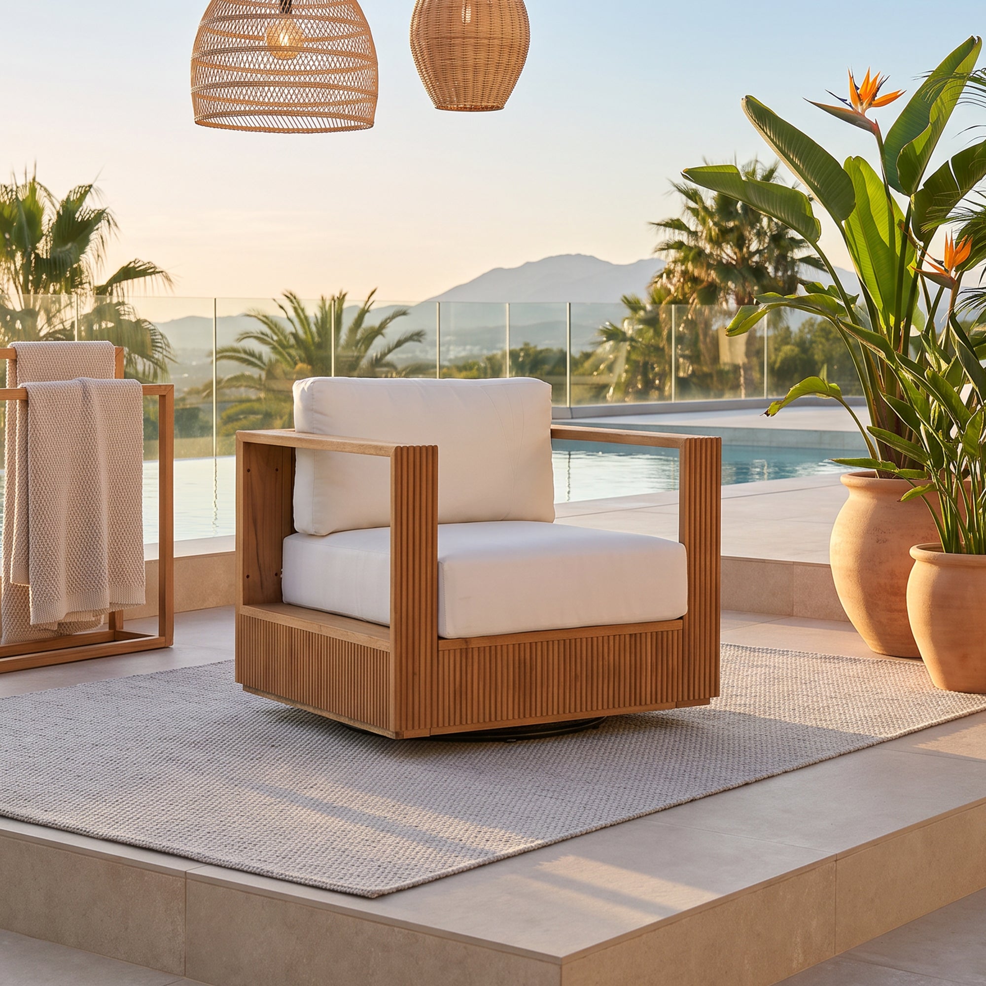 Sintra Outdoor Swivel Chair, Solid Slatted Frame, FSC Teak Wood with Creamy White Olefin