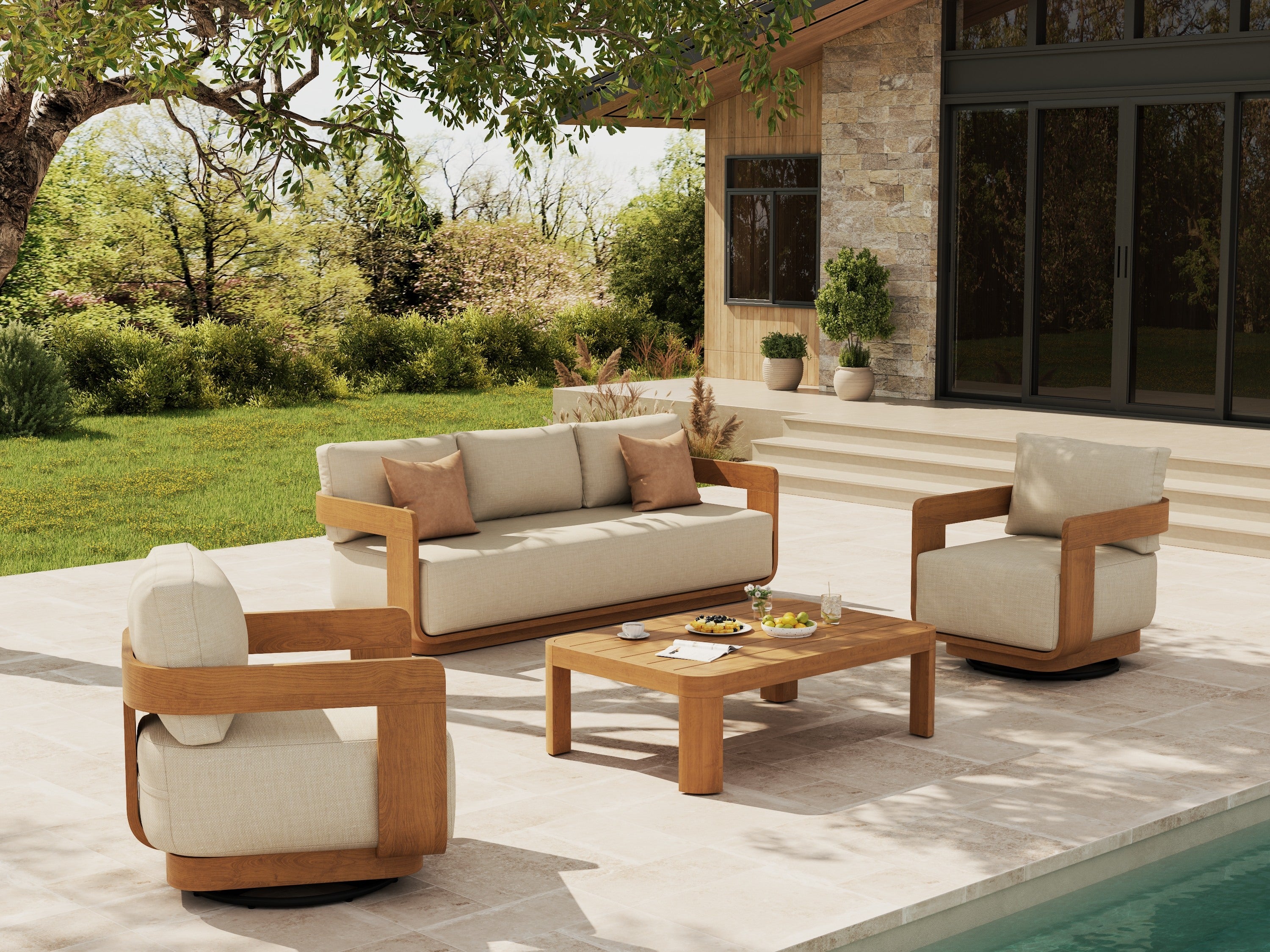 Sintra FSC-Certified Solid Teak Outdoor Lounge Set, 2 Swivel Chairs, Olefin Cushions